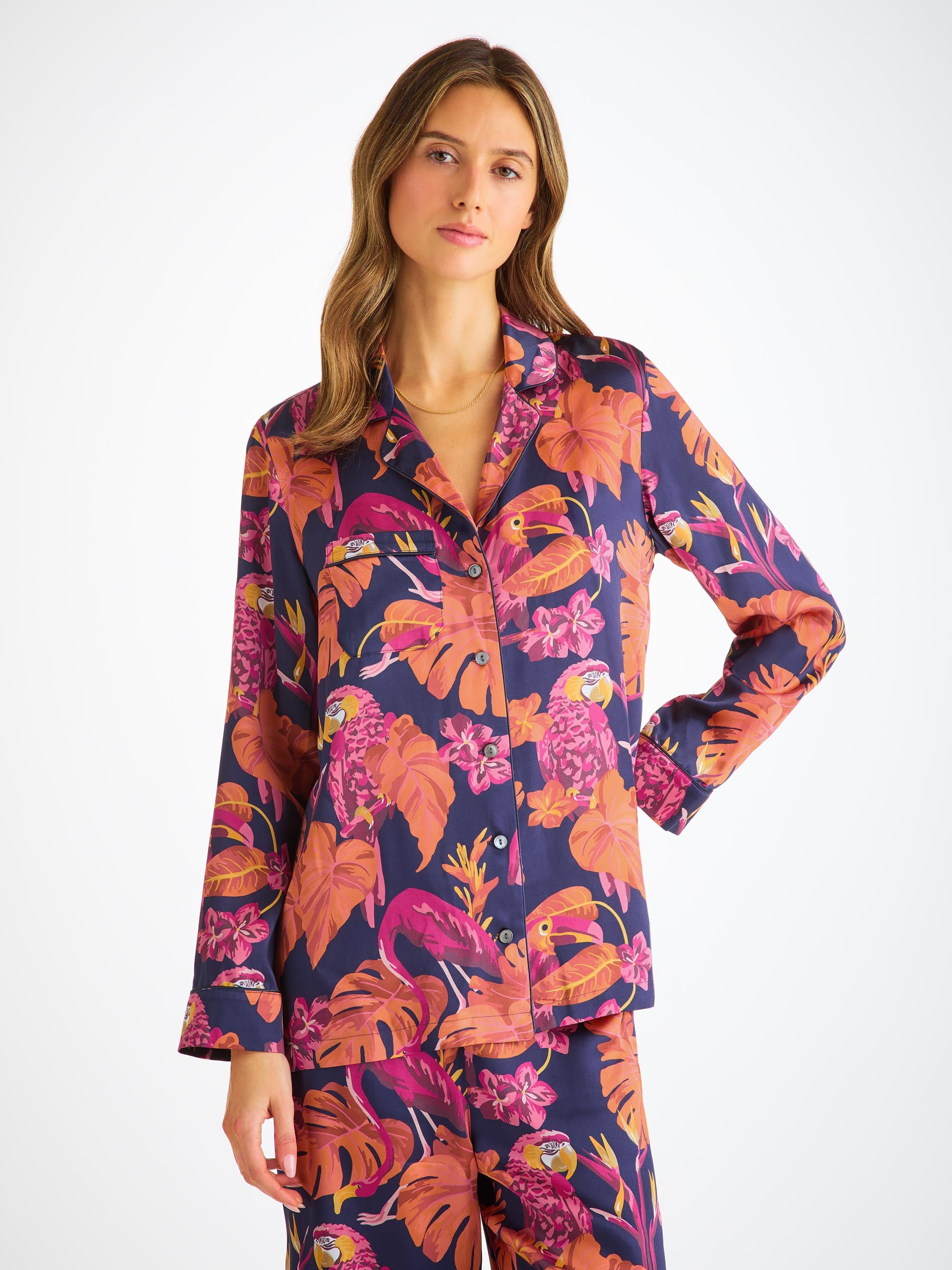 Women's Pajamas Silk Satin Navy Jungle Birds Pattern - 3