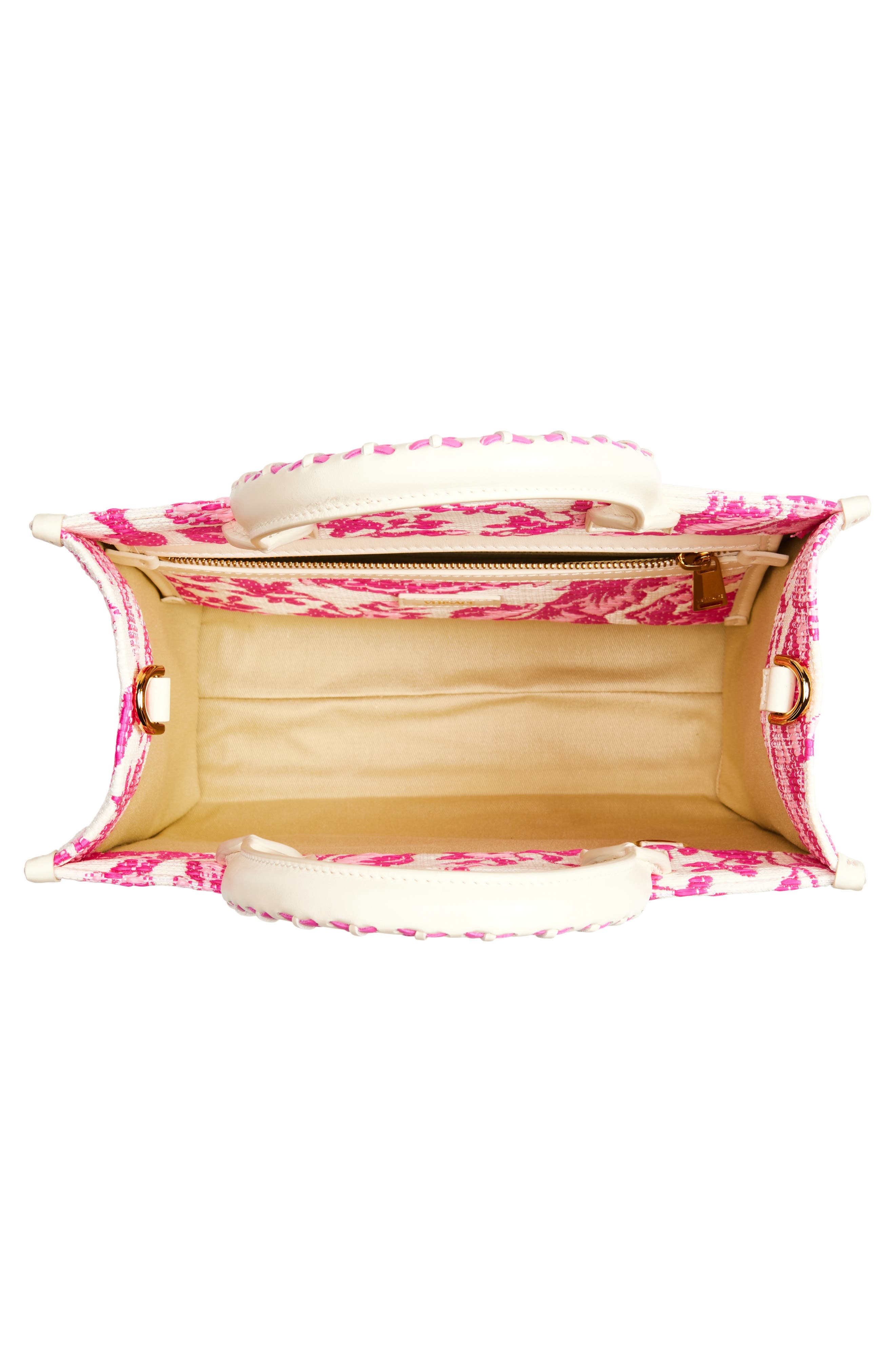 Versace Small Barocco Raffia Tote in Eggshell Dragon Fruit at Nordstrom - 5