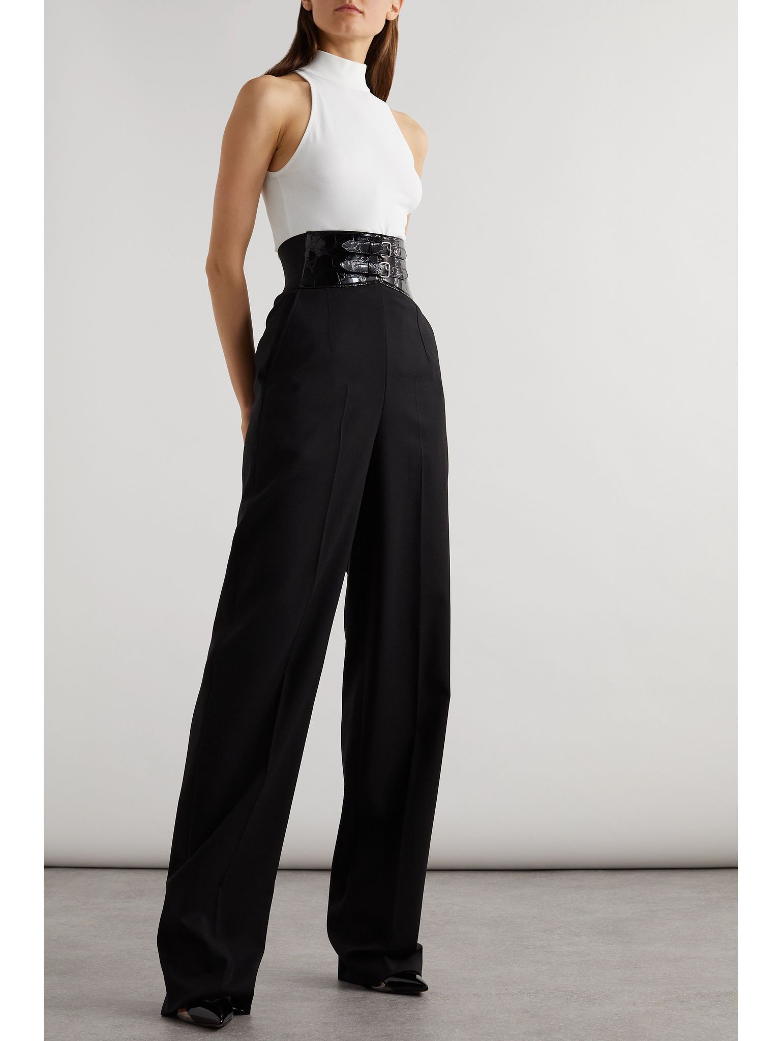 Archetypes belted wool-blend gabardine wide-leg pants Black - 2