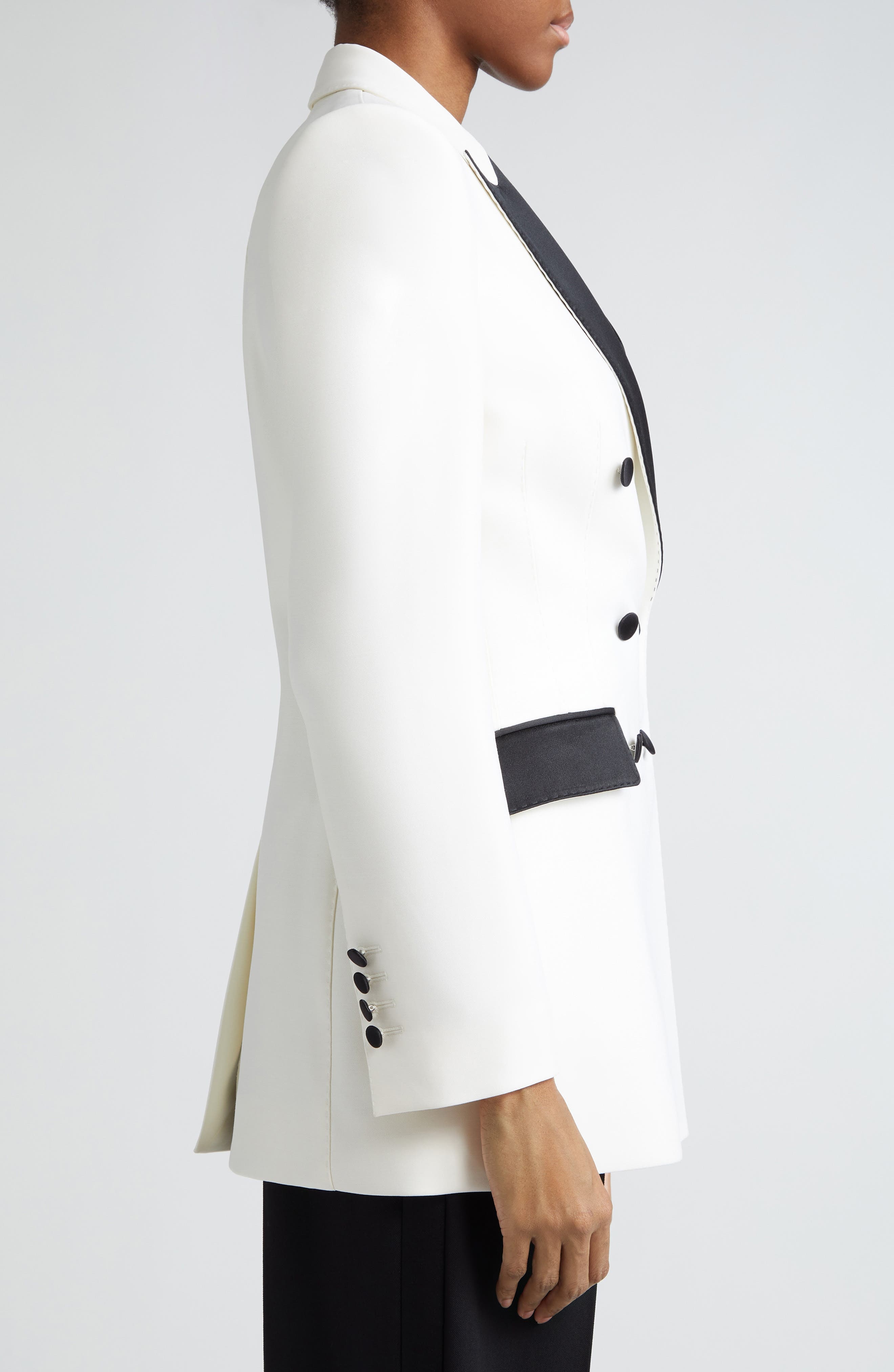 Contrast Detail Double Breasted Wool Blend Blazer - 4
