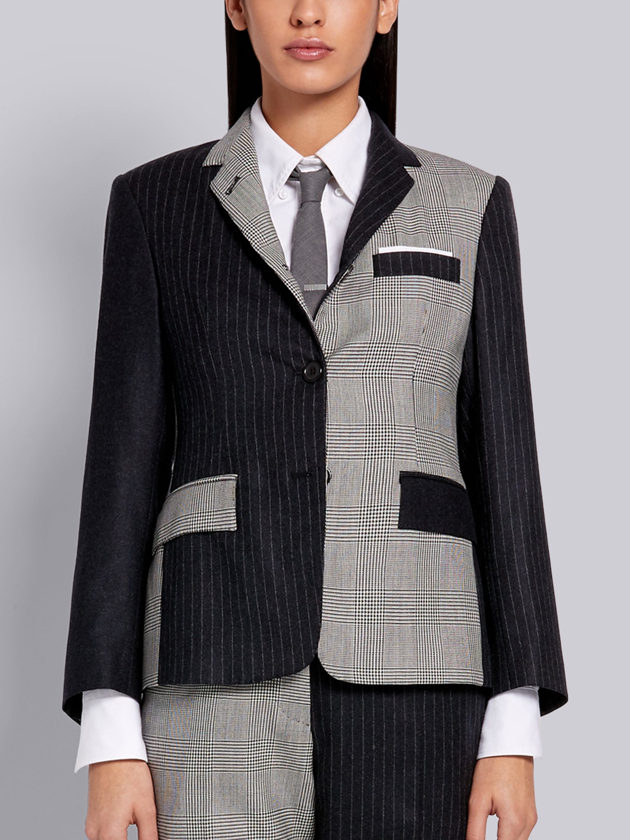 Black and White Wool Prince of Wales Shadow Stripe Funmix Classic Jacket - 1