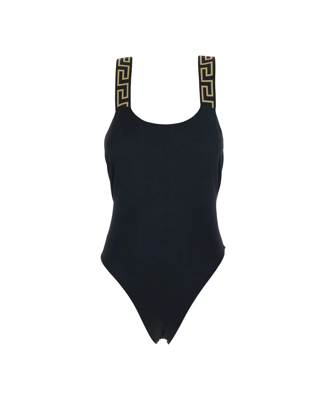 Black One-piece Swimsuit With Greca Detail In Stretch Fabric Woman - 1