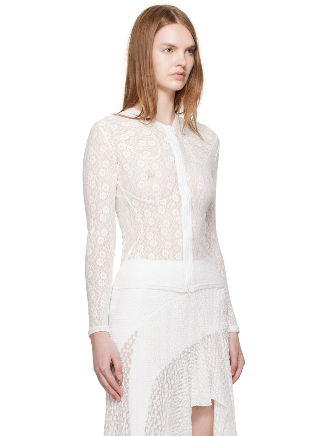 White Lace Zip-Up Hoodie - 2