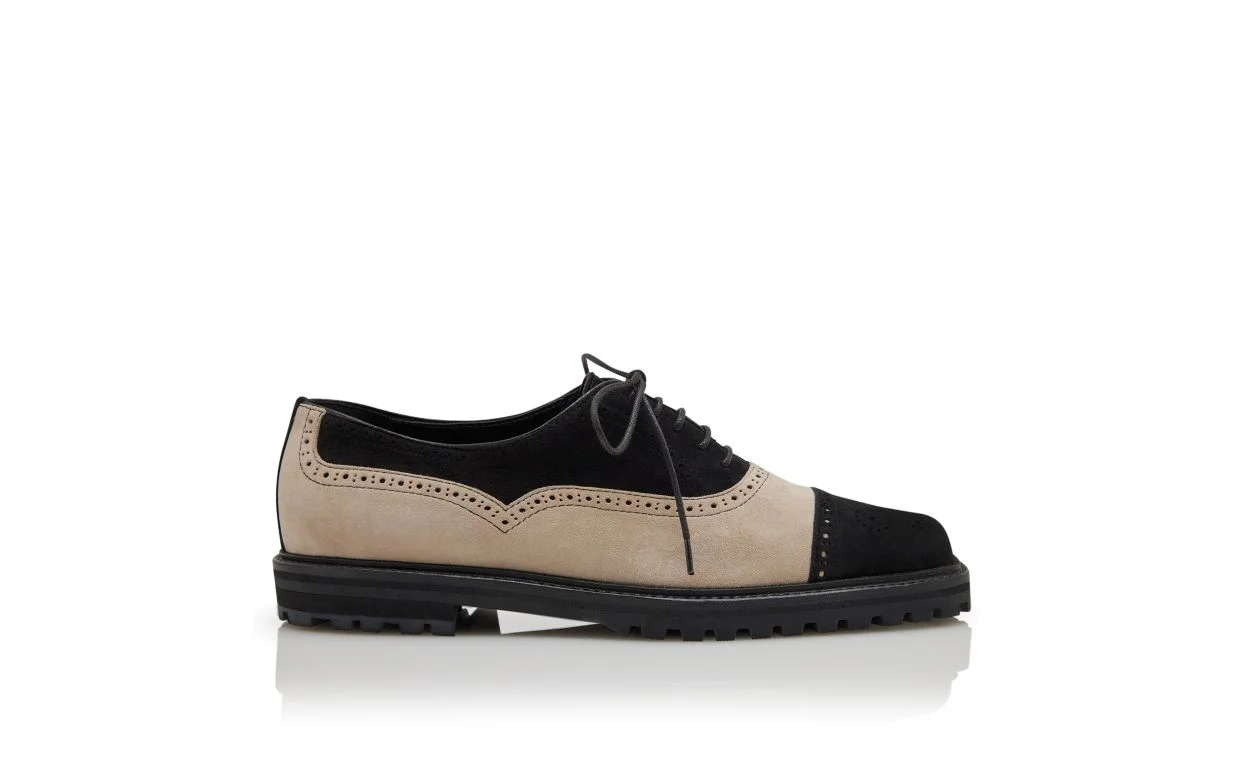 Black and Beige Suede Cap Toe Oxfords - 1