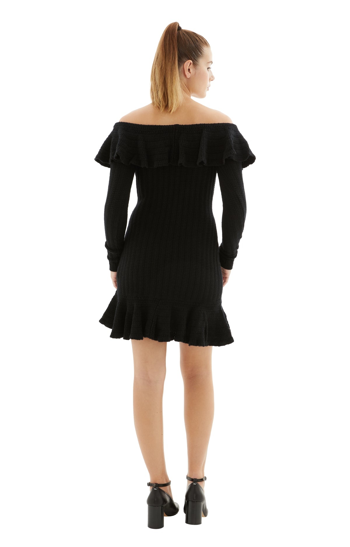 KNITTED OPEN SHOULDER MIDI DRESS (BLACK) - 6