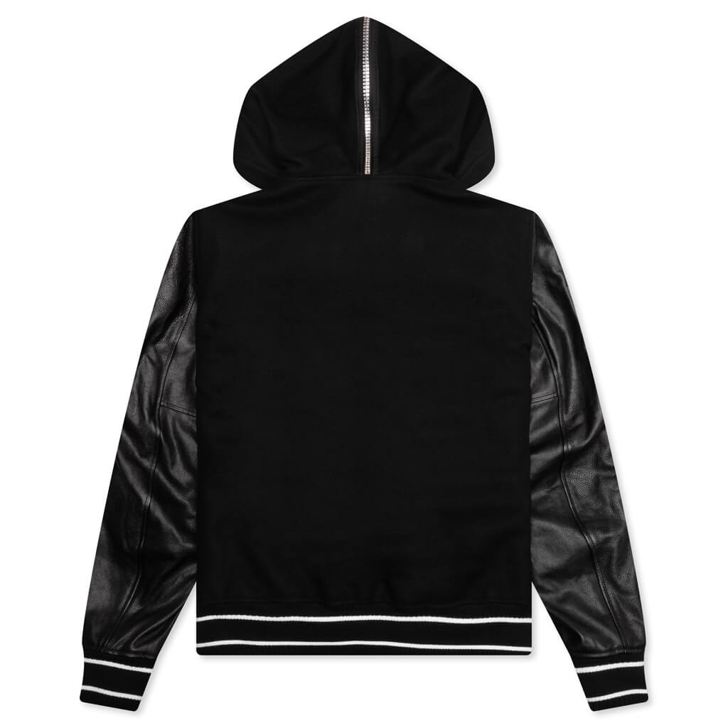HOODED VARSITY JACKET IN WOOL AND LEATHER - BLACK - 2