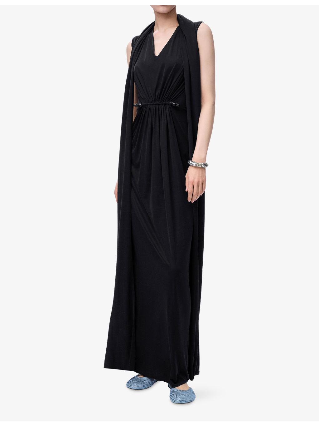 Draped Cape-Sleeve Silk Maxi Dress - 2