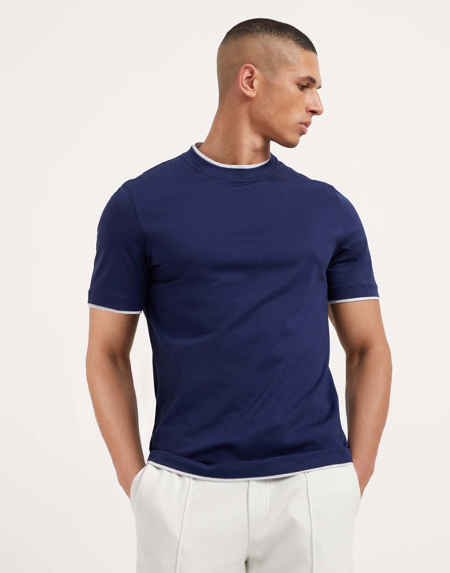 Cotton jersey crew neck T-shirt with faux-layering - 1