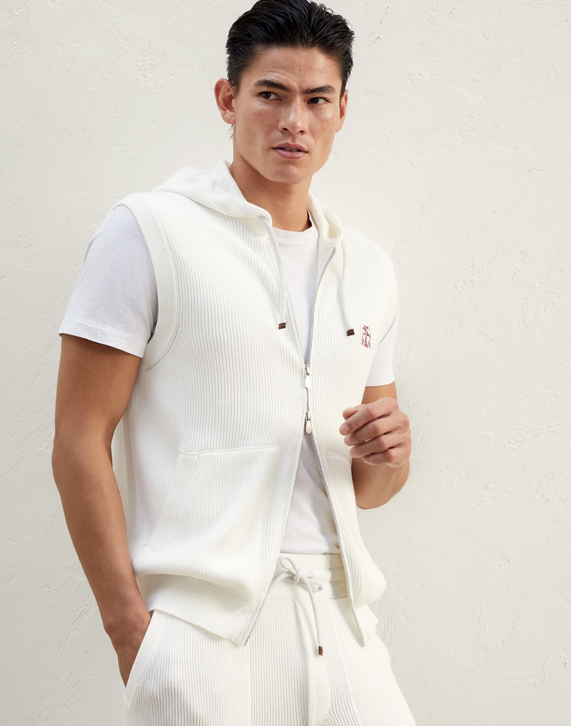 Cotton English rib sweater vest with zipper and hood 1