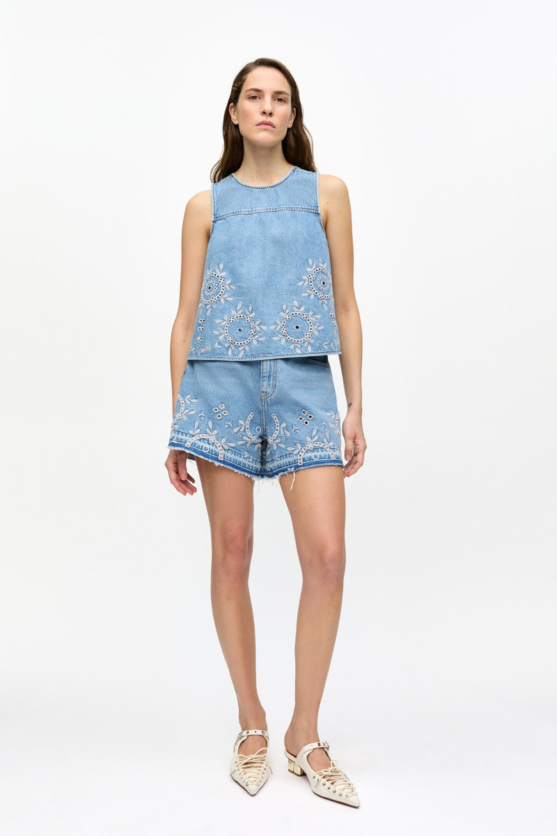 GANNI LIGHT BLUE BRODERIE ANGLAISE DENIM SHORTS outlook
