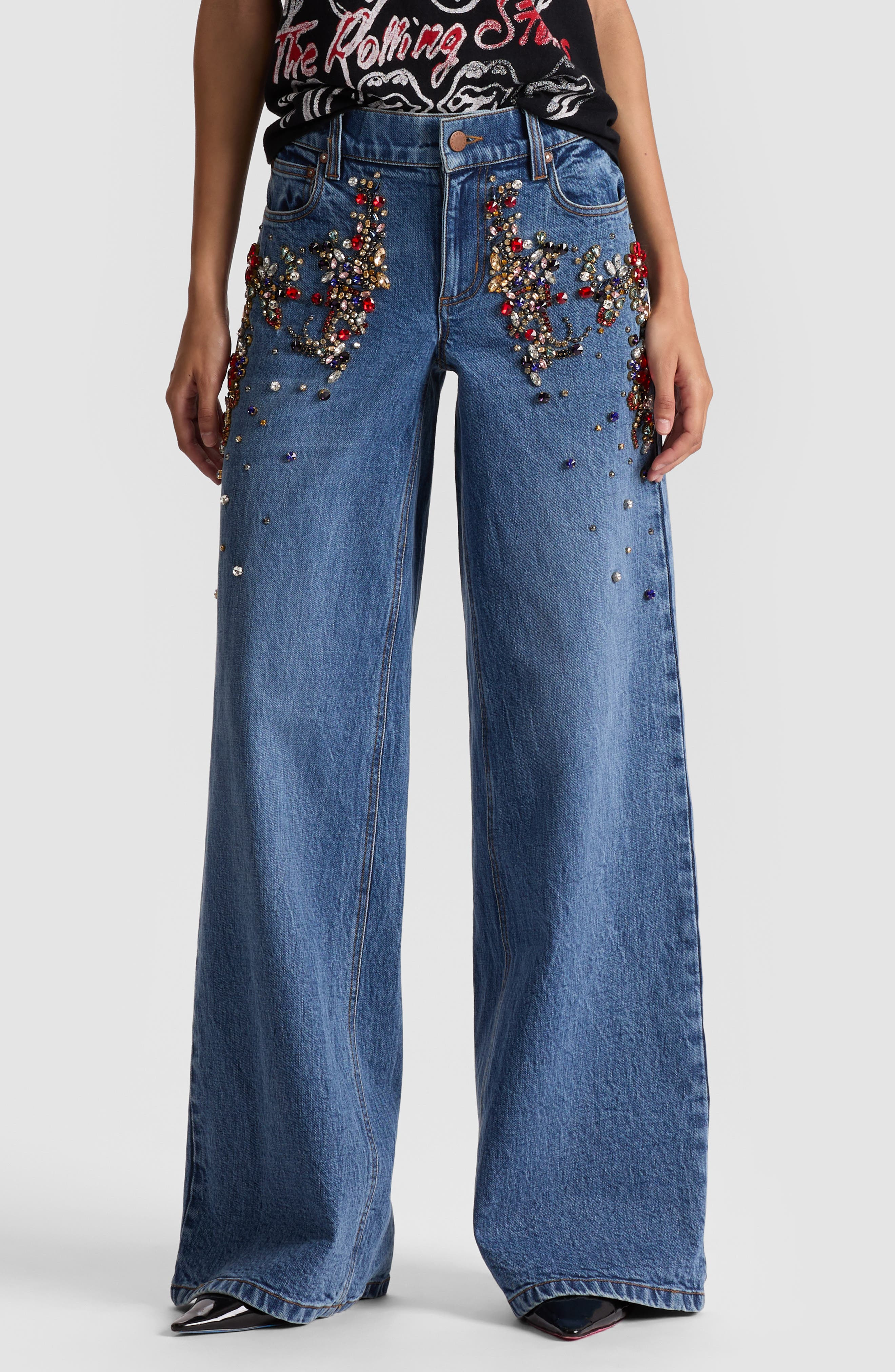 Alice + Olivia Amazing Crystal Detail Baggy Wide Leg Jeans in Brooklyn Blue at Nordstrom - 1