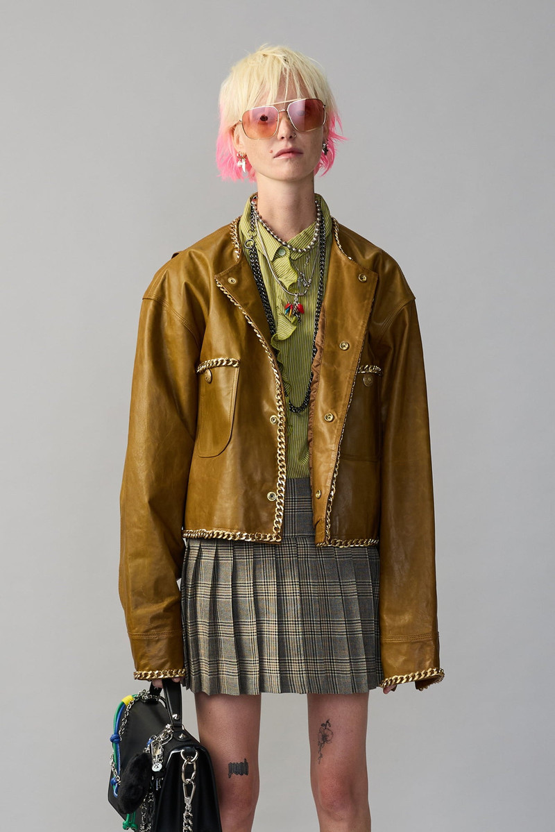 CHAIN EMBELLISHED CROPPED LEATHER JACKET 1