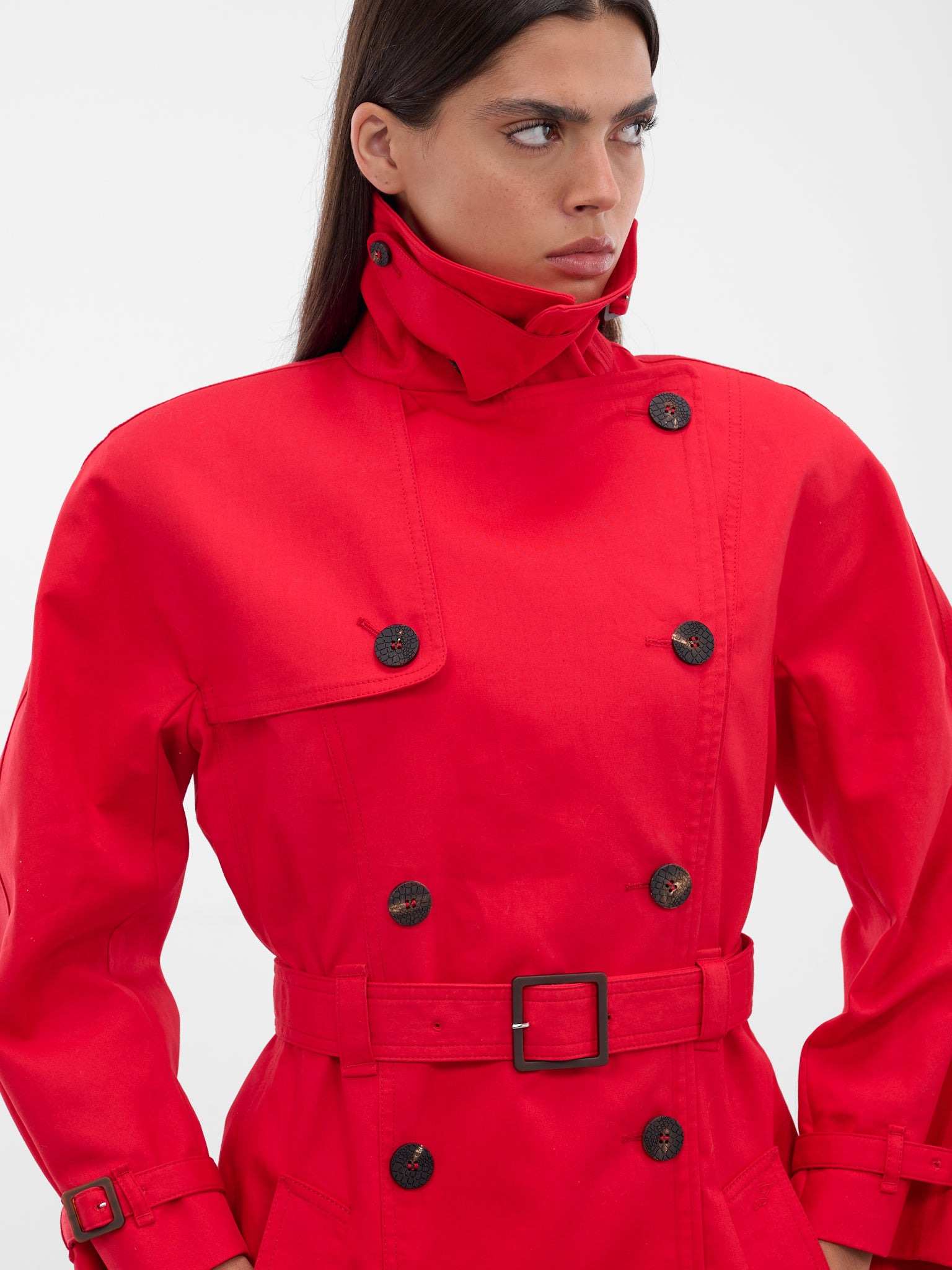 Red Slim Gabardine Trench Coat - 5