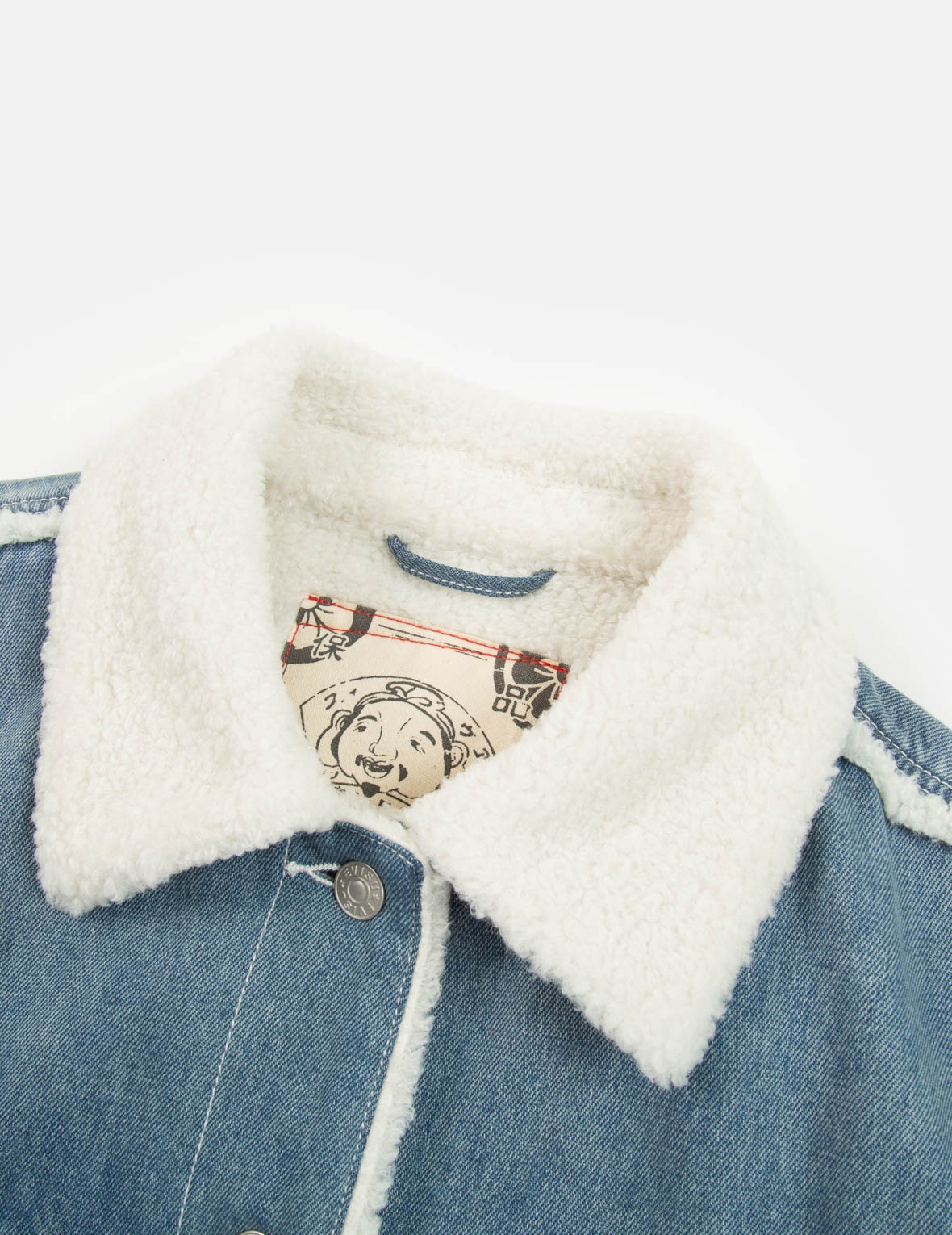 DARUMA AND FORTUNE CAT EMBROIDERY SHERPA-LINED DENIM JACKET - 7