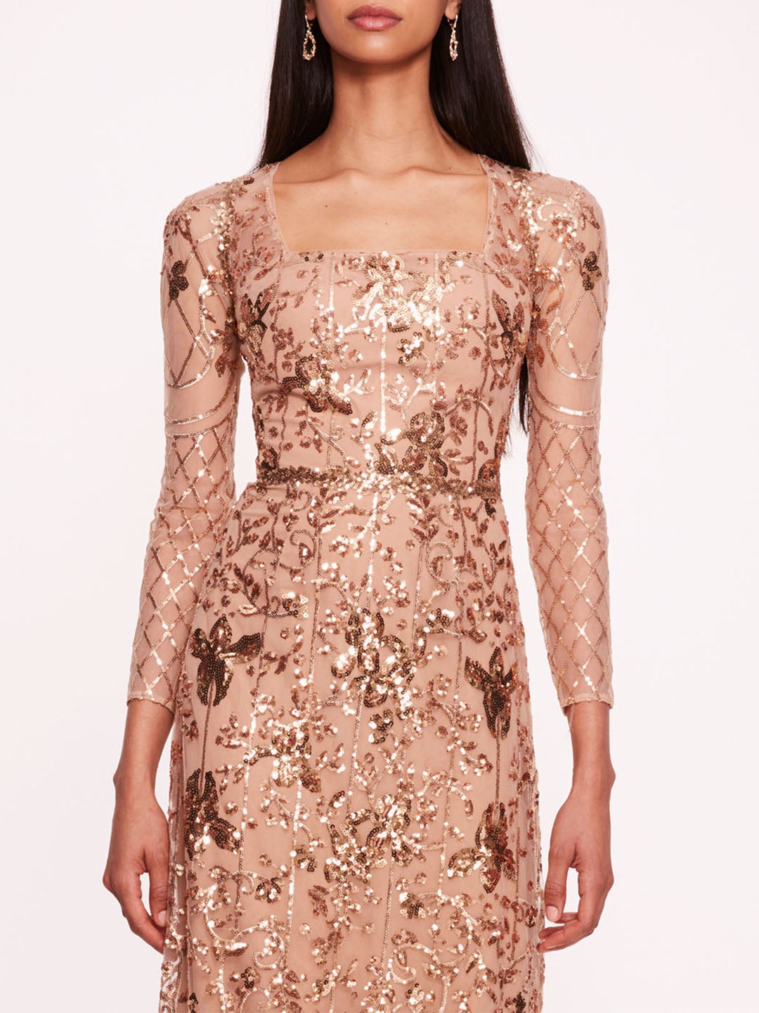 SEQUIN LATTICE SLEEVED GOWN - 4