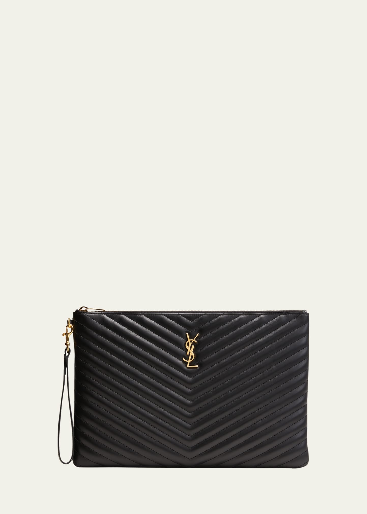 Monogram YSL Large Chevron Quilted Flat Wristlet Pouch, Black - 1