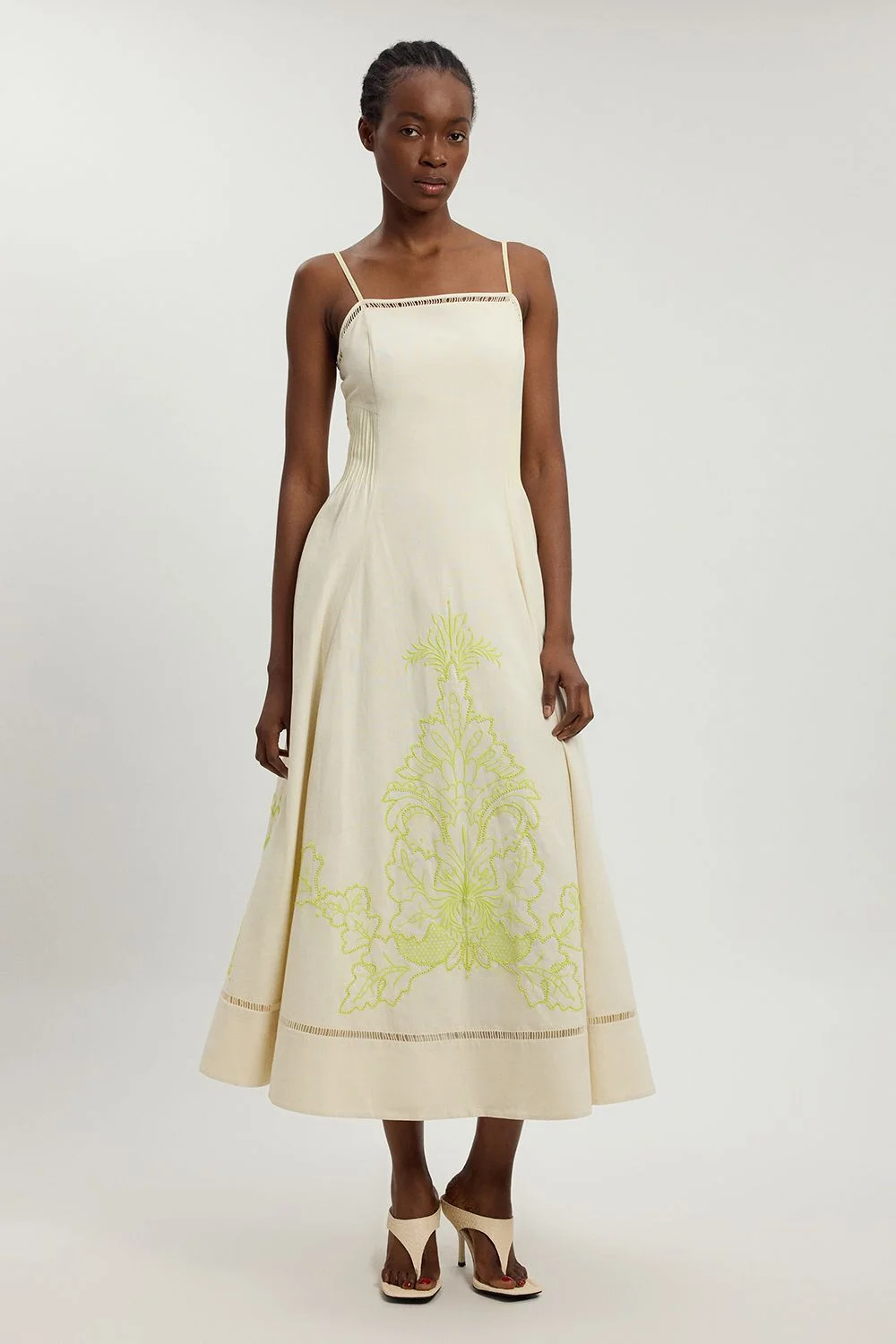 Linen Blend Beaded Cutwork Strappy Midi Dress - 1