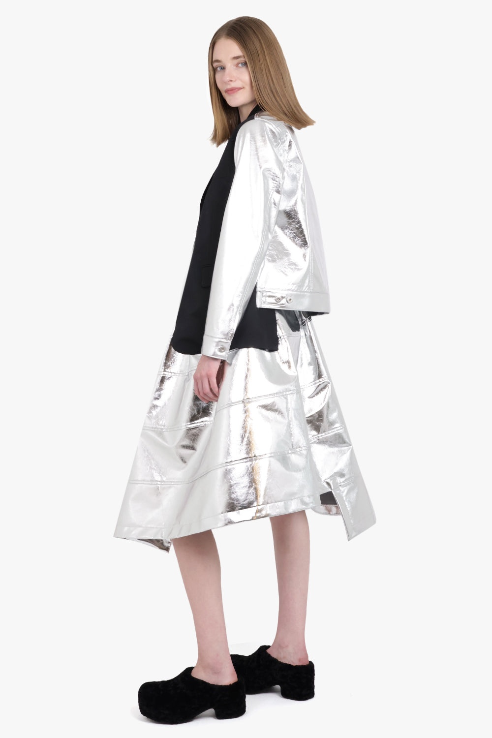 CONTRAST SUIT X PVC LEATHER BLAZER JACKET | BLACK/SILVER - 4
