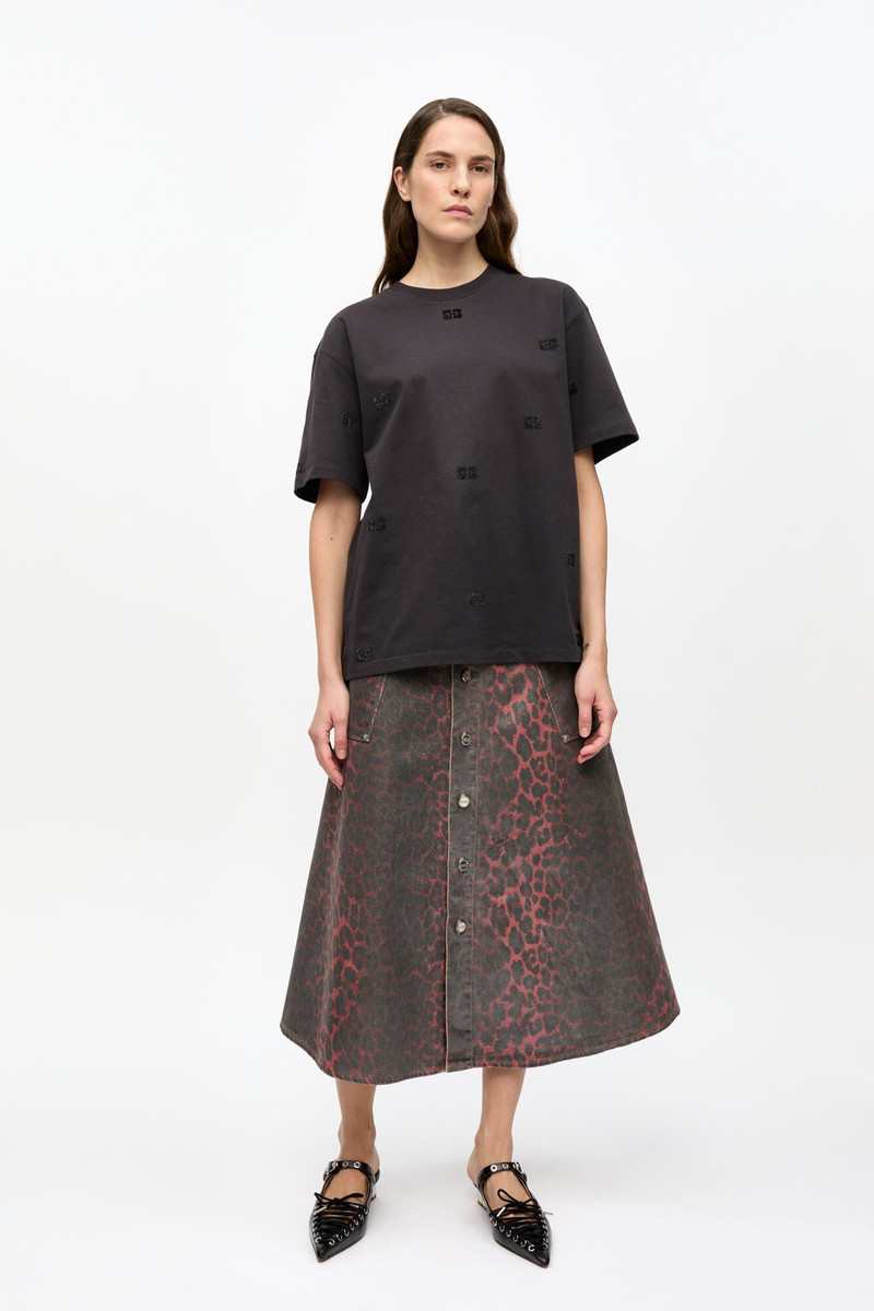 GANNI LEOPARD FOIL DENIM MIDI SKIRT outlook