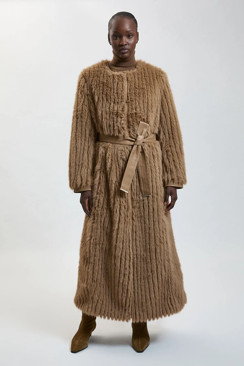 Textured Faux Fur Belted Collarless Long Coat - 1