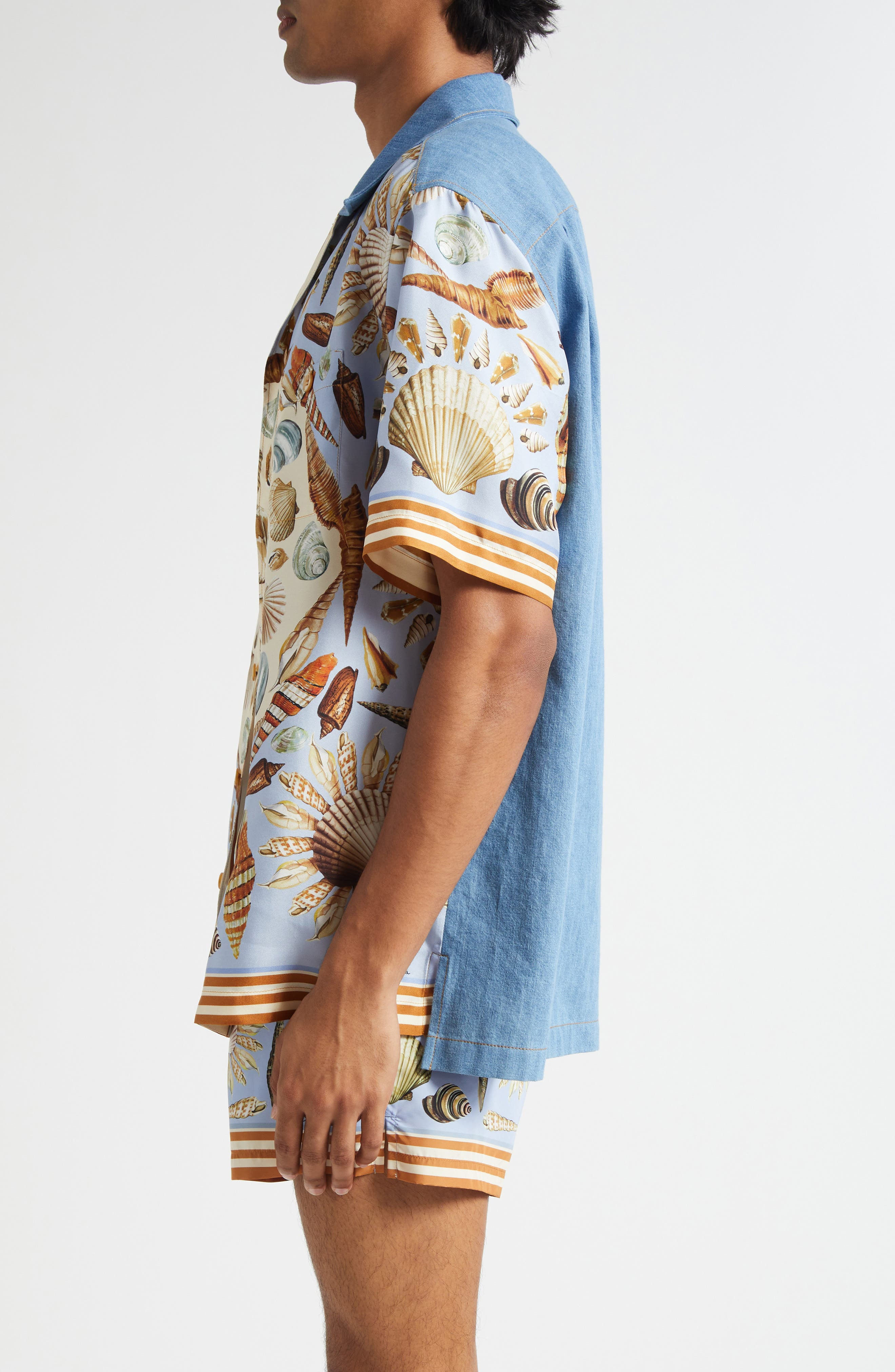 Dolce&Gabbana Seashell Print Mixed Media Camp Shirt in S9001 Variante Abbinata at Nordstrom - 3