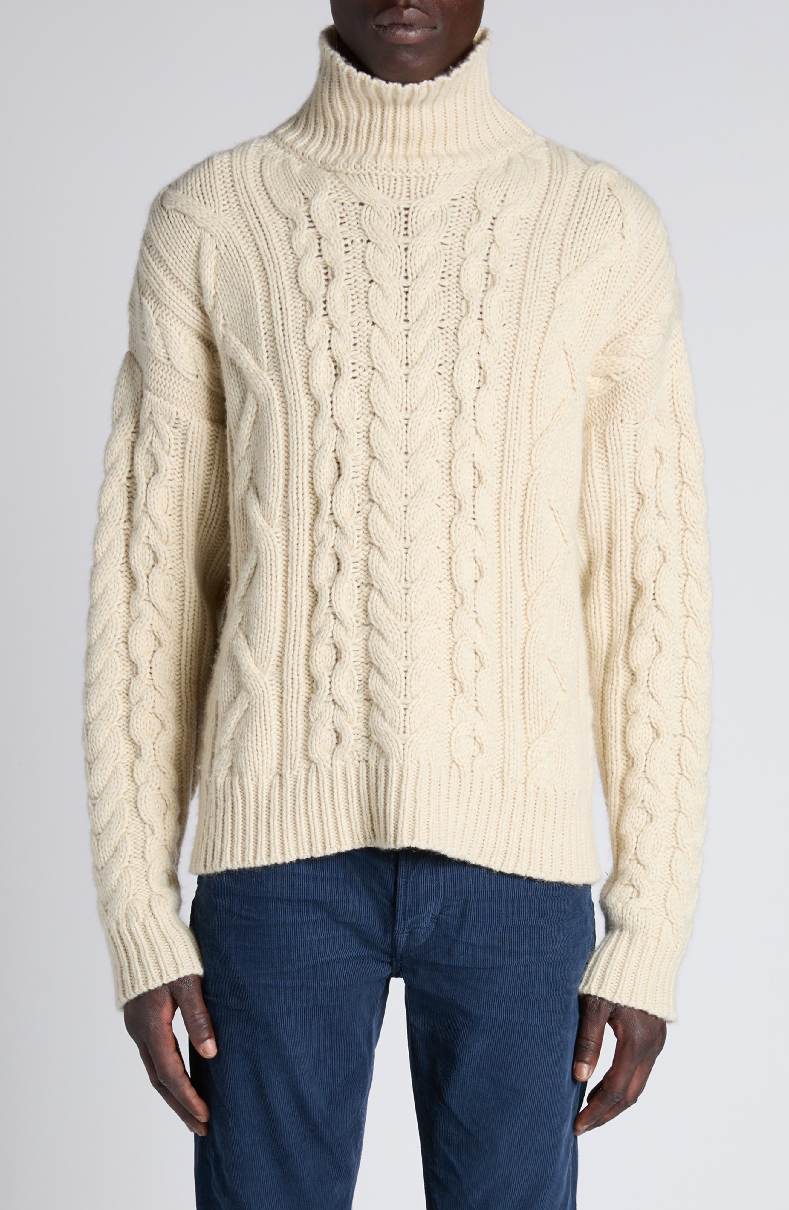 TOM FORD Cable Stitch Wool, Cashmere & Mohair Turtleneck Sweater in Aw102 Cream at Nordstrom - 1
