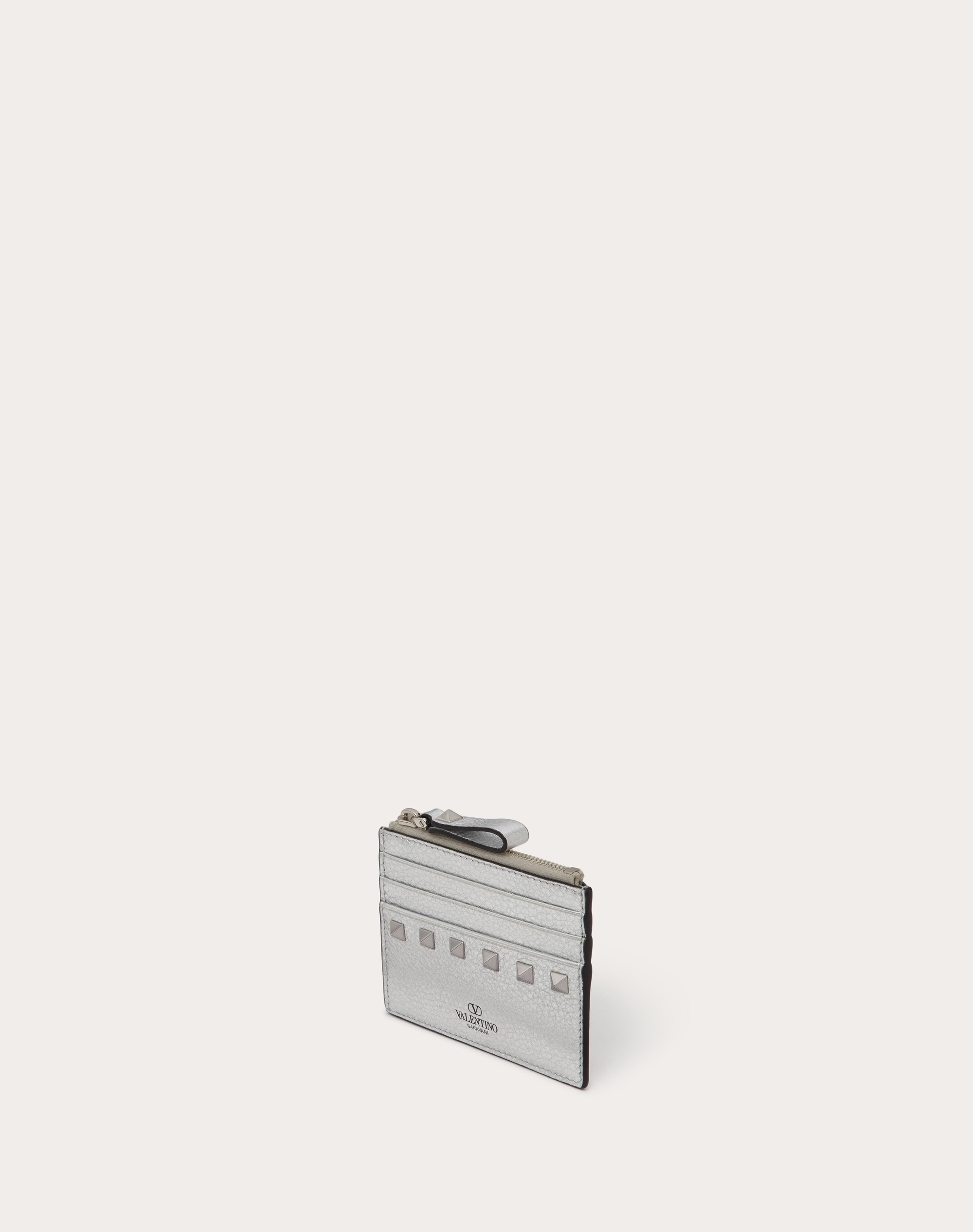 ROCKSTUD GRAINY METALLIC CALFSKIN CARD HOLDER WITH ZIPPER - 4