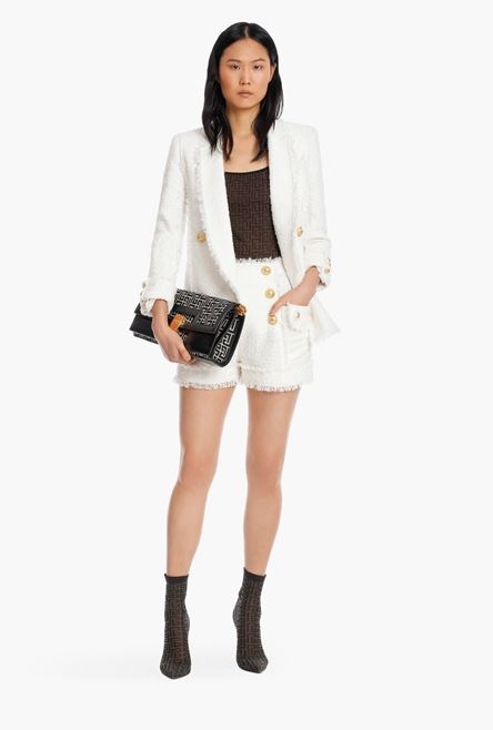 High waist double-buttoned tweed shorts - 2