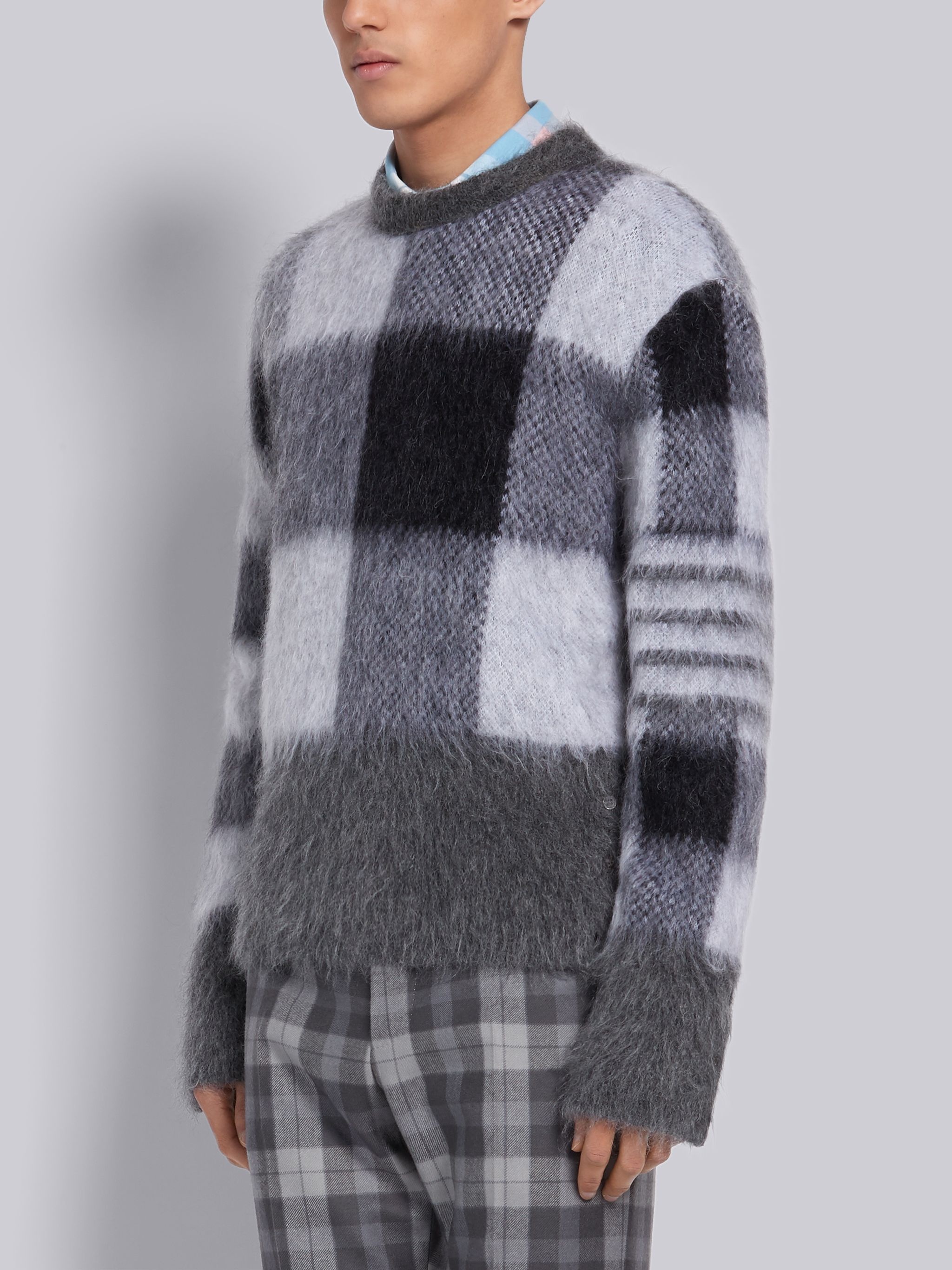 Tonal Grey Buffalo Check Funmix Super Kid Mohair Crew Neck 4-Bar Pullover - 2