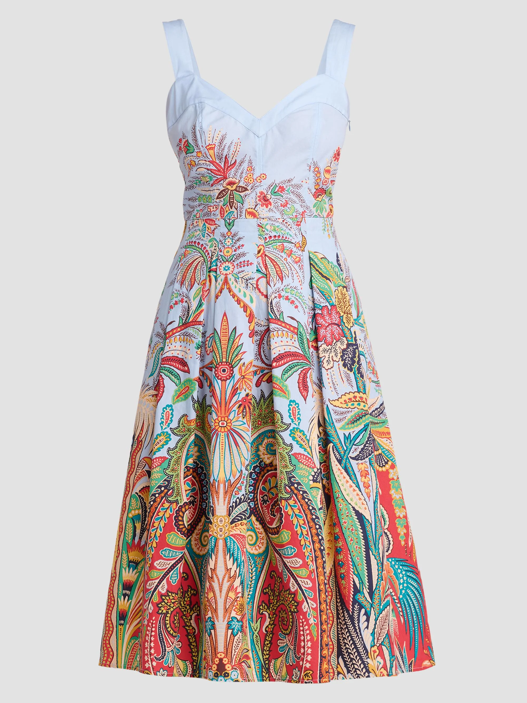 Women's Paisley Pleated Cotton Midi Dress - Printed Blue Base - 1