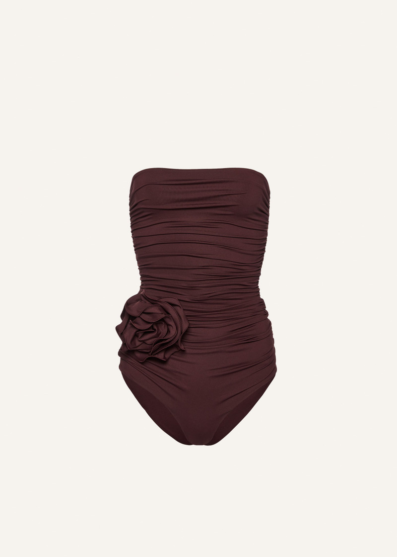 Flower appliqué strapless draped swimsuit in brown - 1