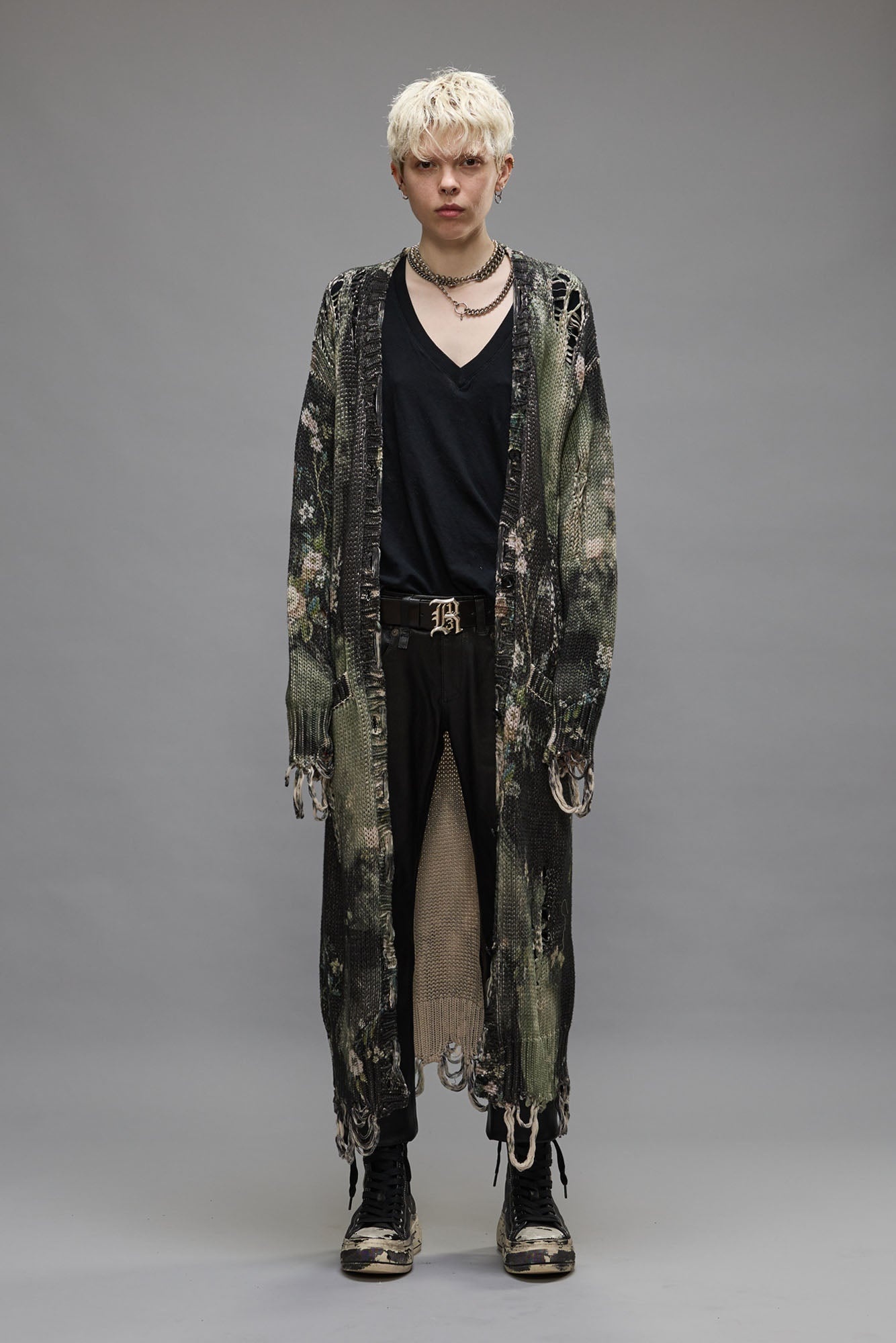 DISTRESSED LONG CARDIGAN - BLEACHED BLACK FLORAL - 3