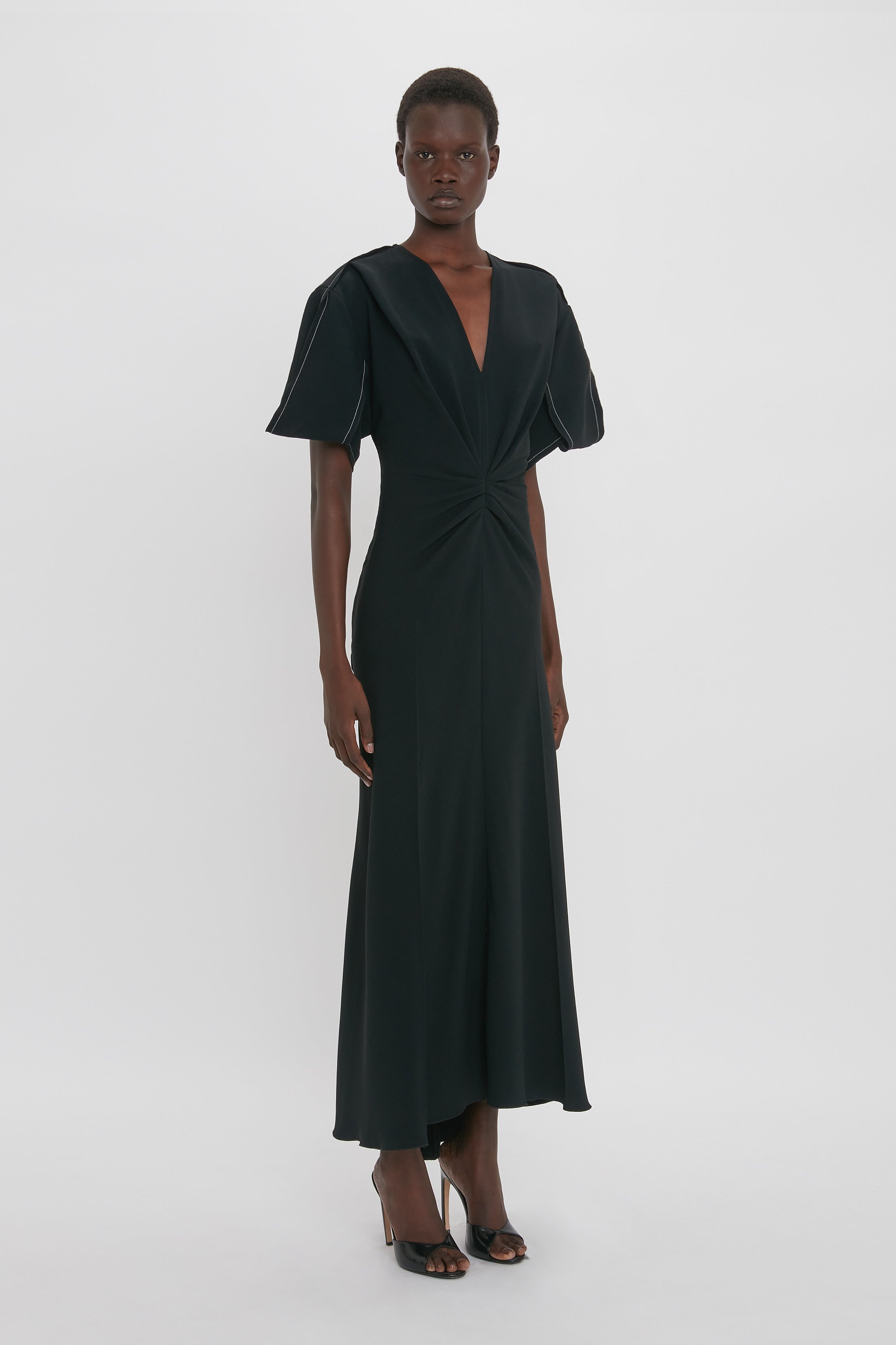 Gathered V-Neck Midi Dress in Black - 3