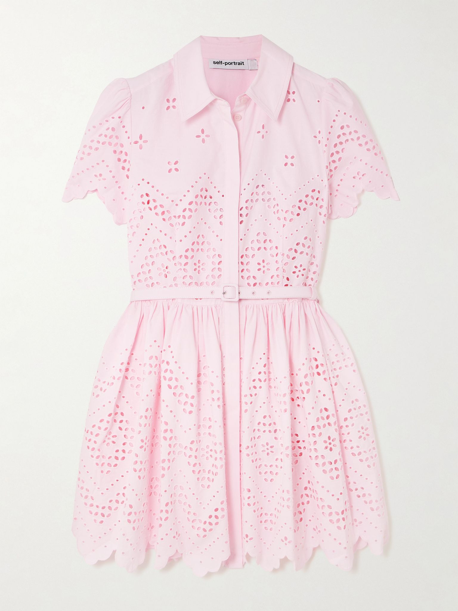 Scalloped broderie anglaise cotton mini shirt dress Pink - 1