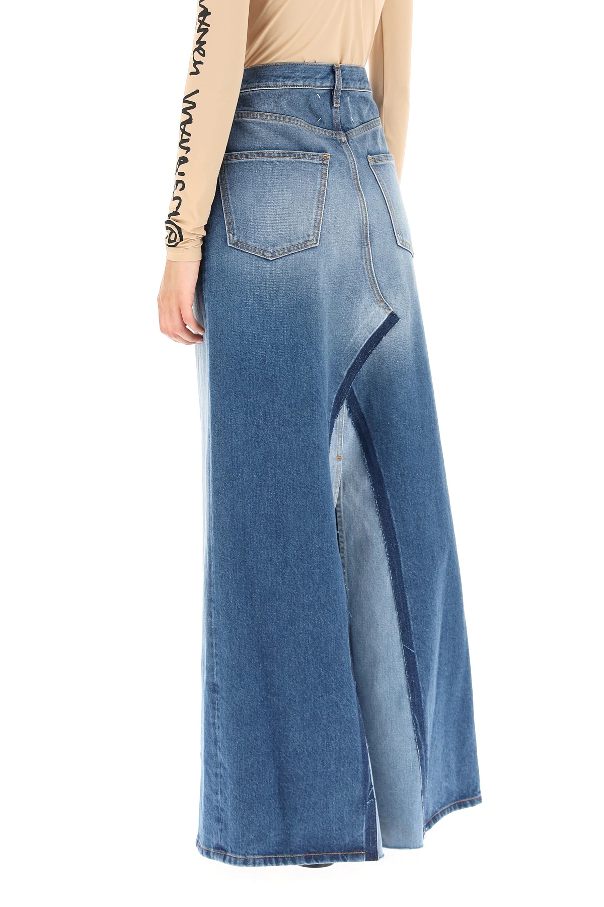 TWO-TONE DENIM LONG SKIRT - 4