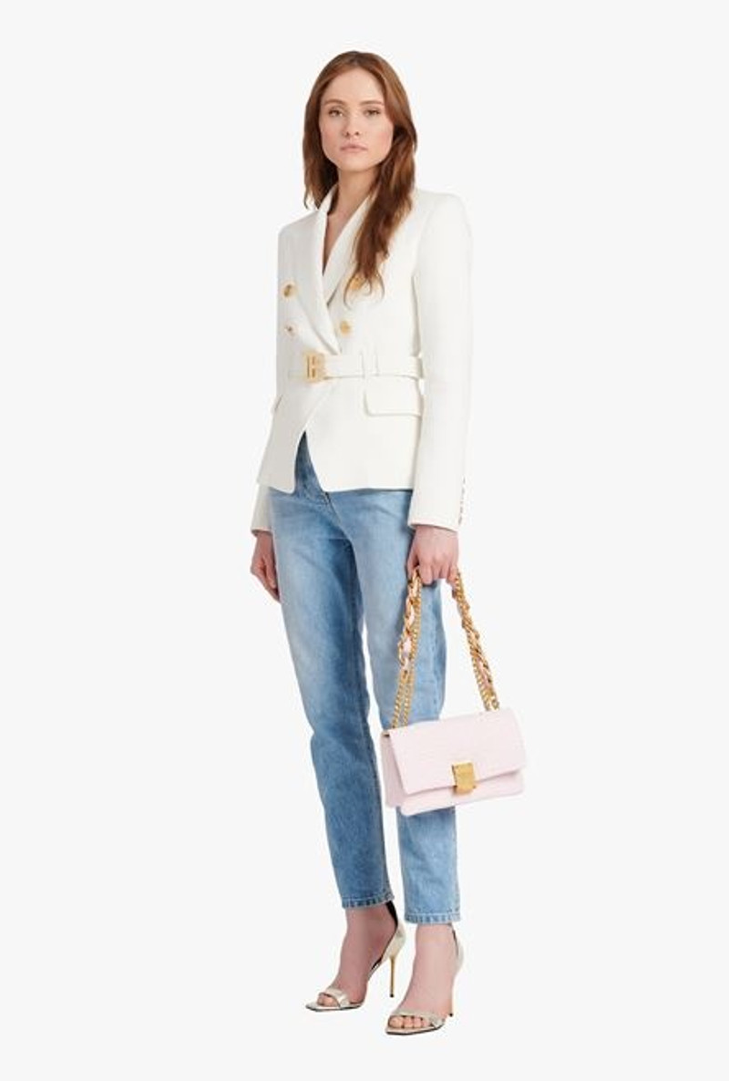 Balmain Double-breasted white cotton blazer with Balmain buckle outlook