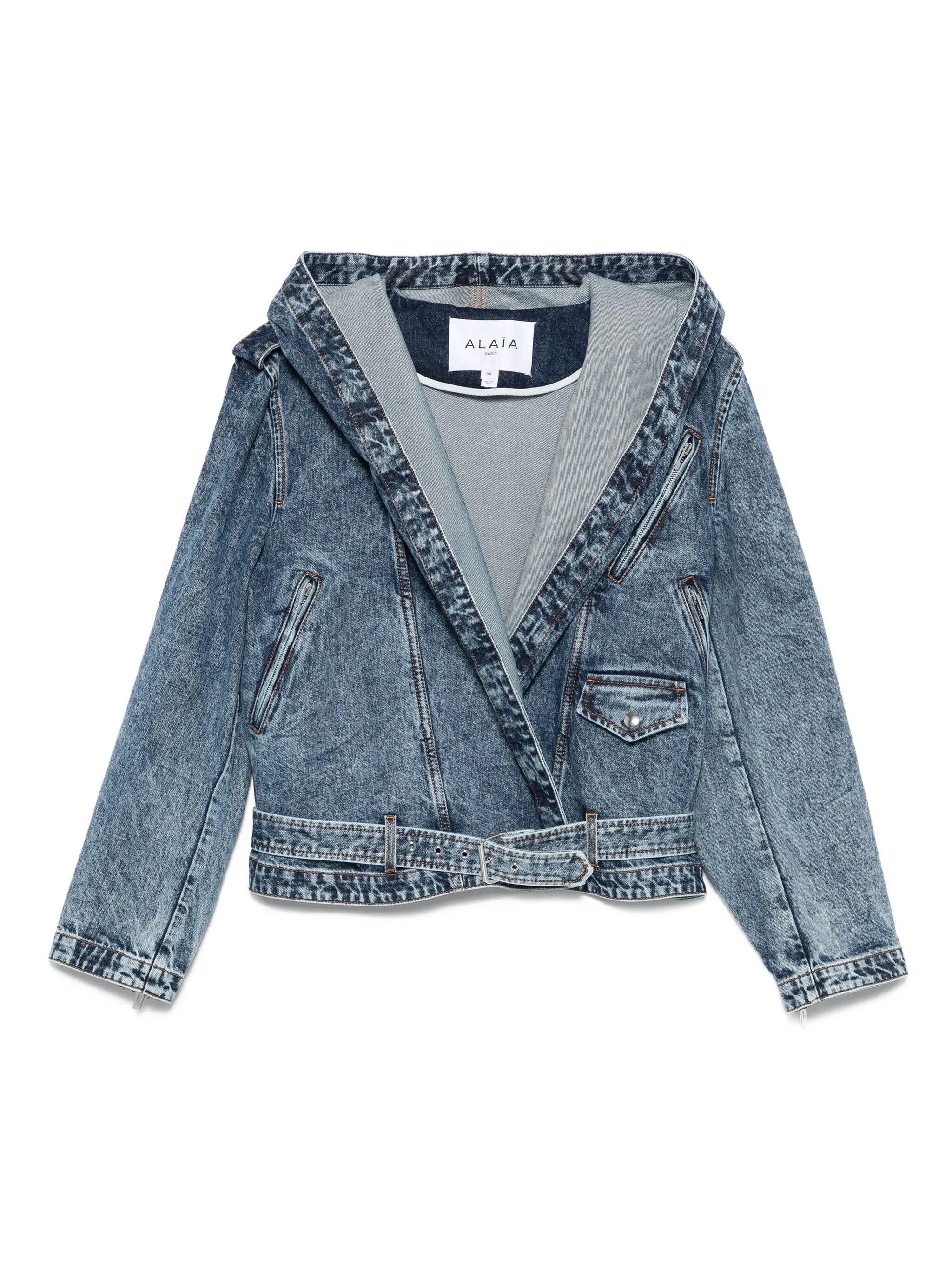 Alaïa Hooded Belted Denim Jacket - 1