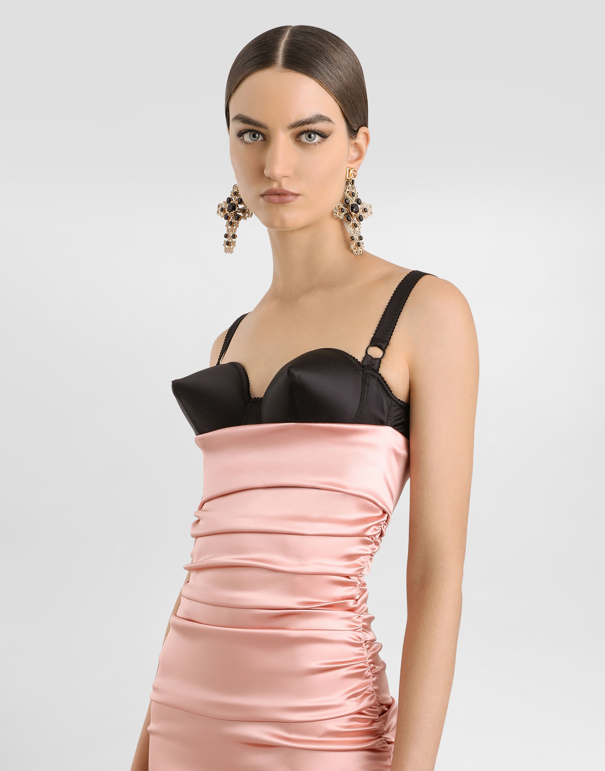 Draped satin calf-length dress with bra-style cups - 4