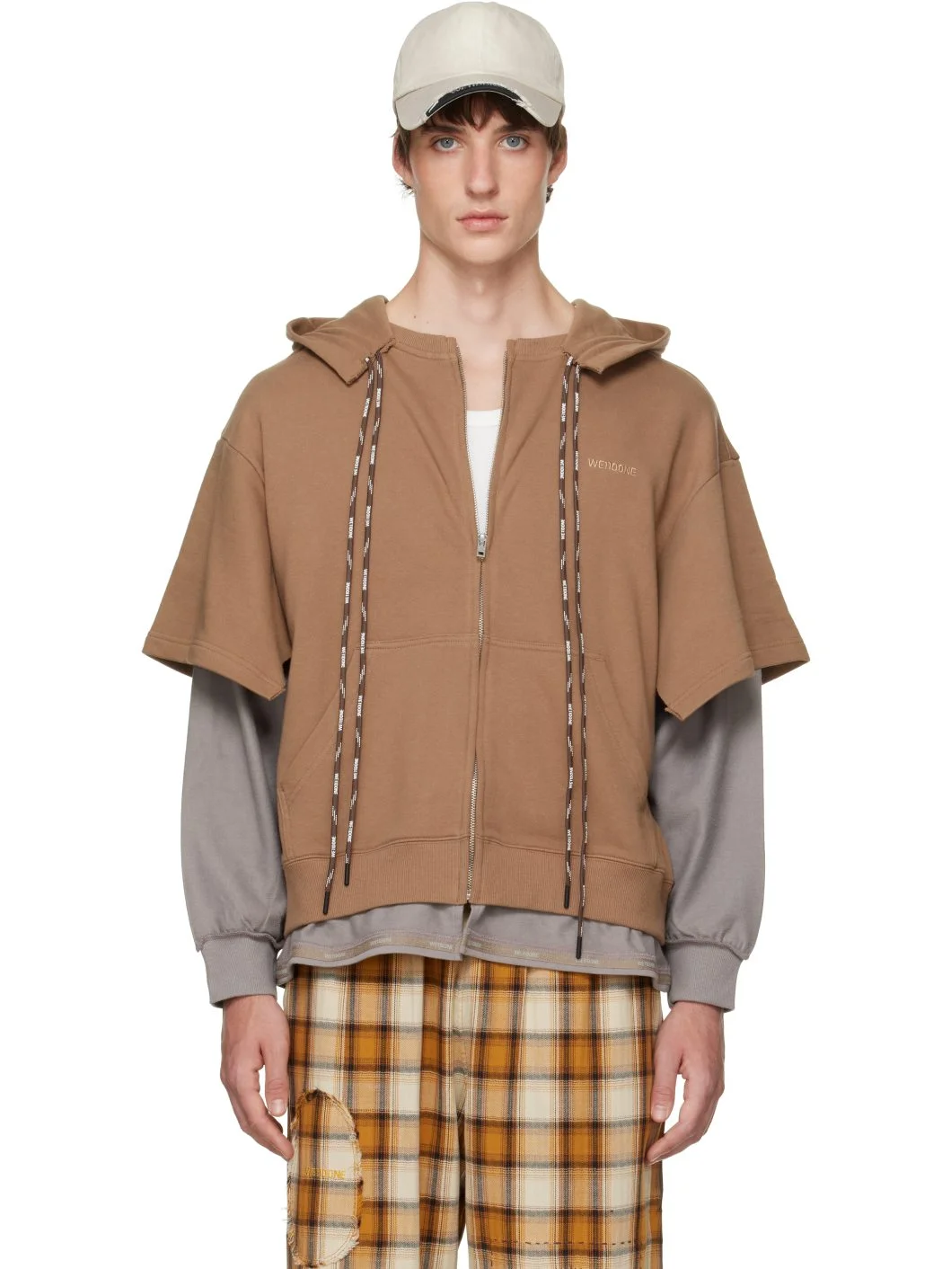 Brown & Gray Layered Double String Zip-Up Hoodie - 1