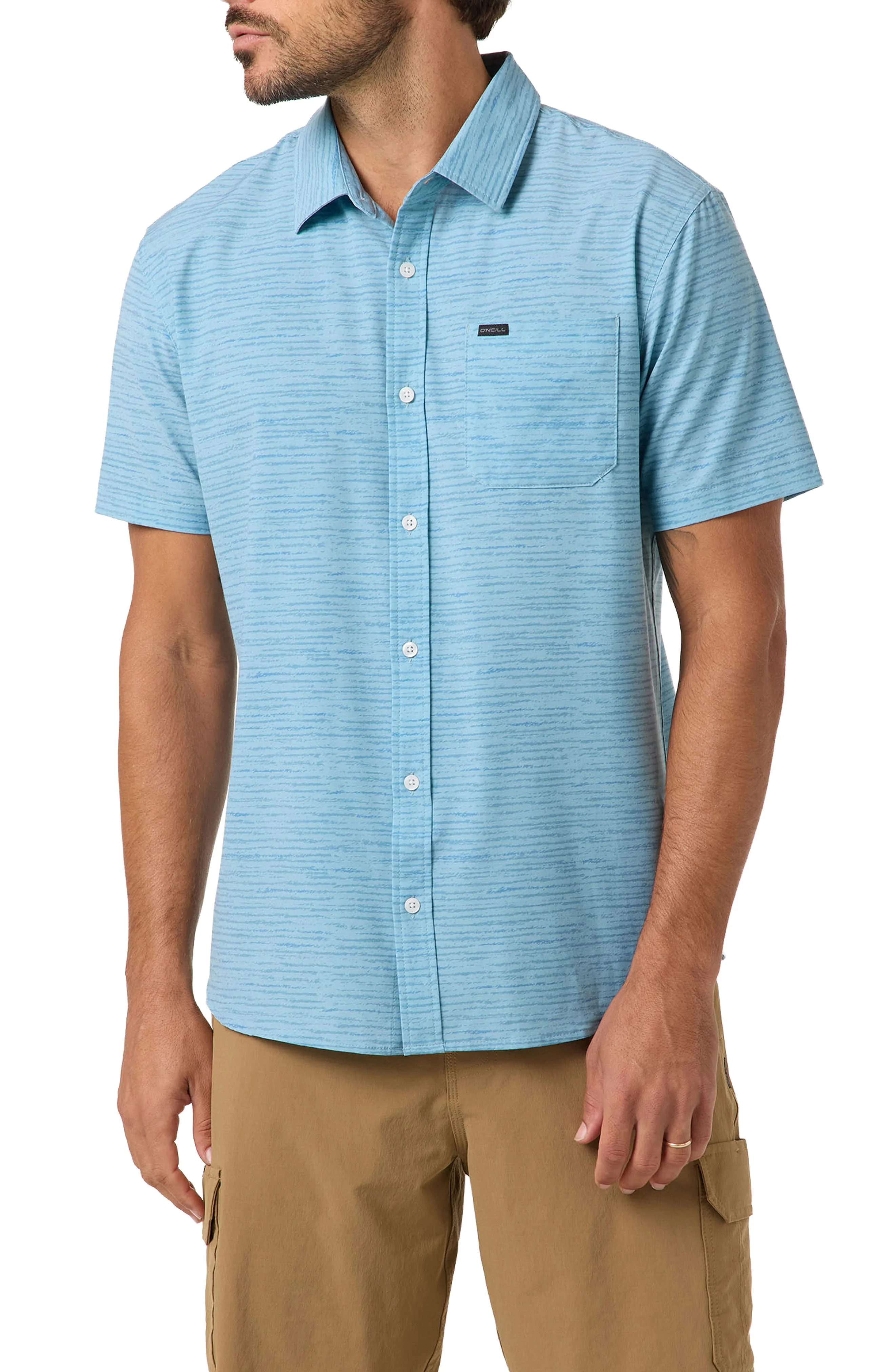O'Neill Standard Fit TRVLR Traverse Stripe Short Sleeve Performance Button-Up Shirt in Stone Blue at - 1