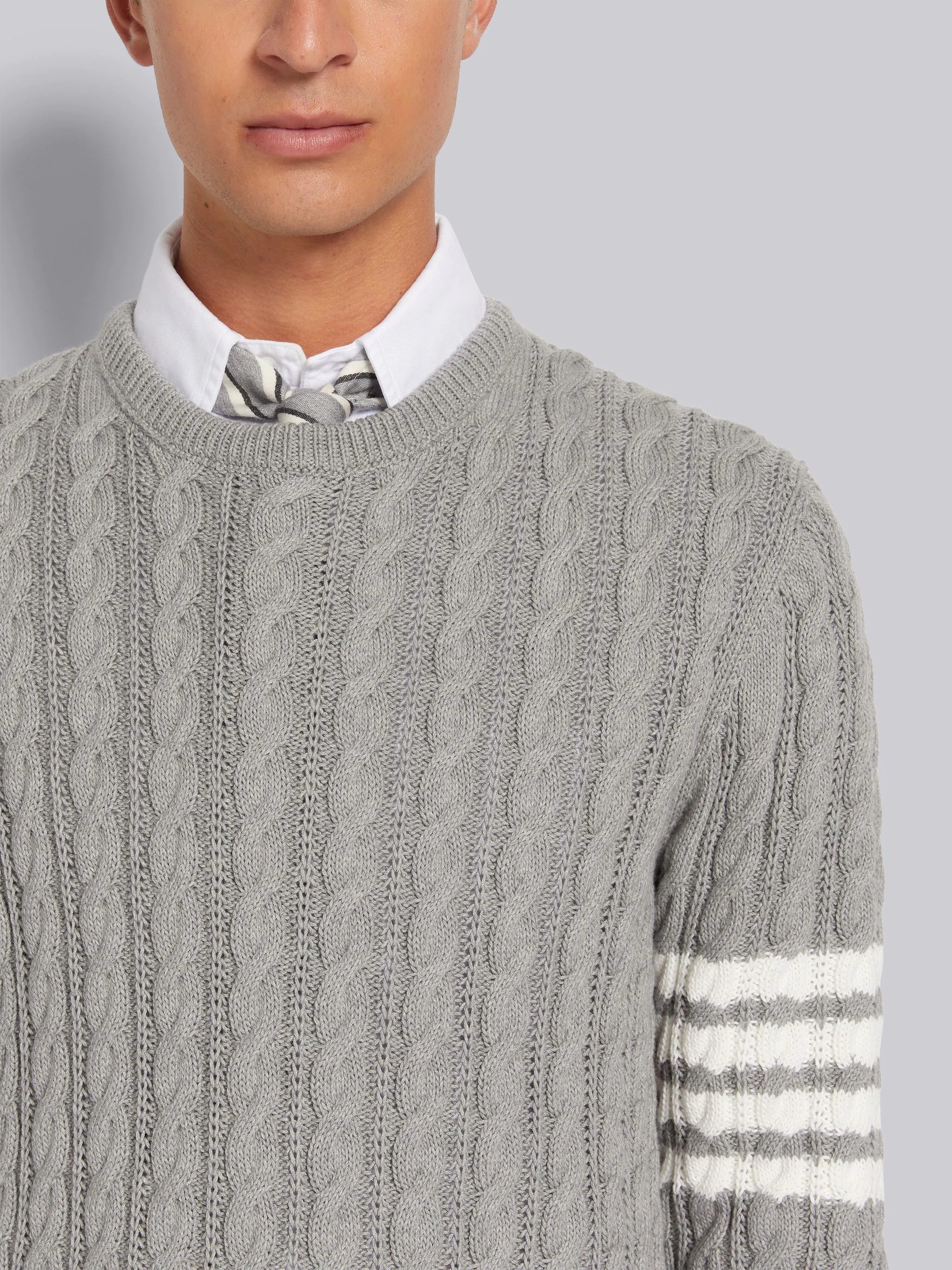 Light Grey Cotton 4-Bar Cable Knit Crew Neck Pullover - 5