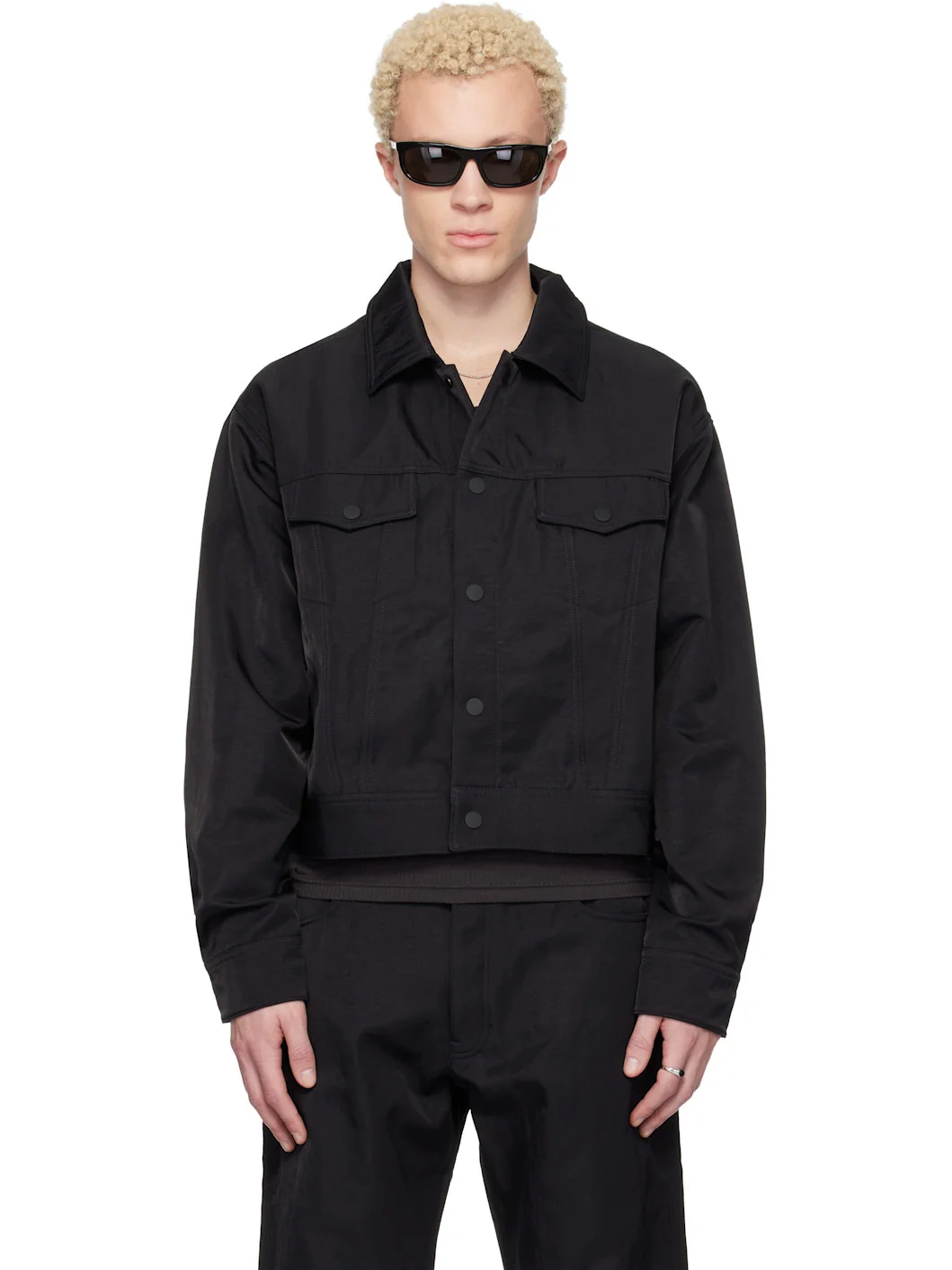 Black Textured Nylon Trucker Jacket - 1
