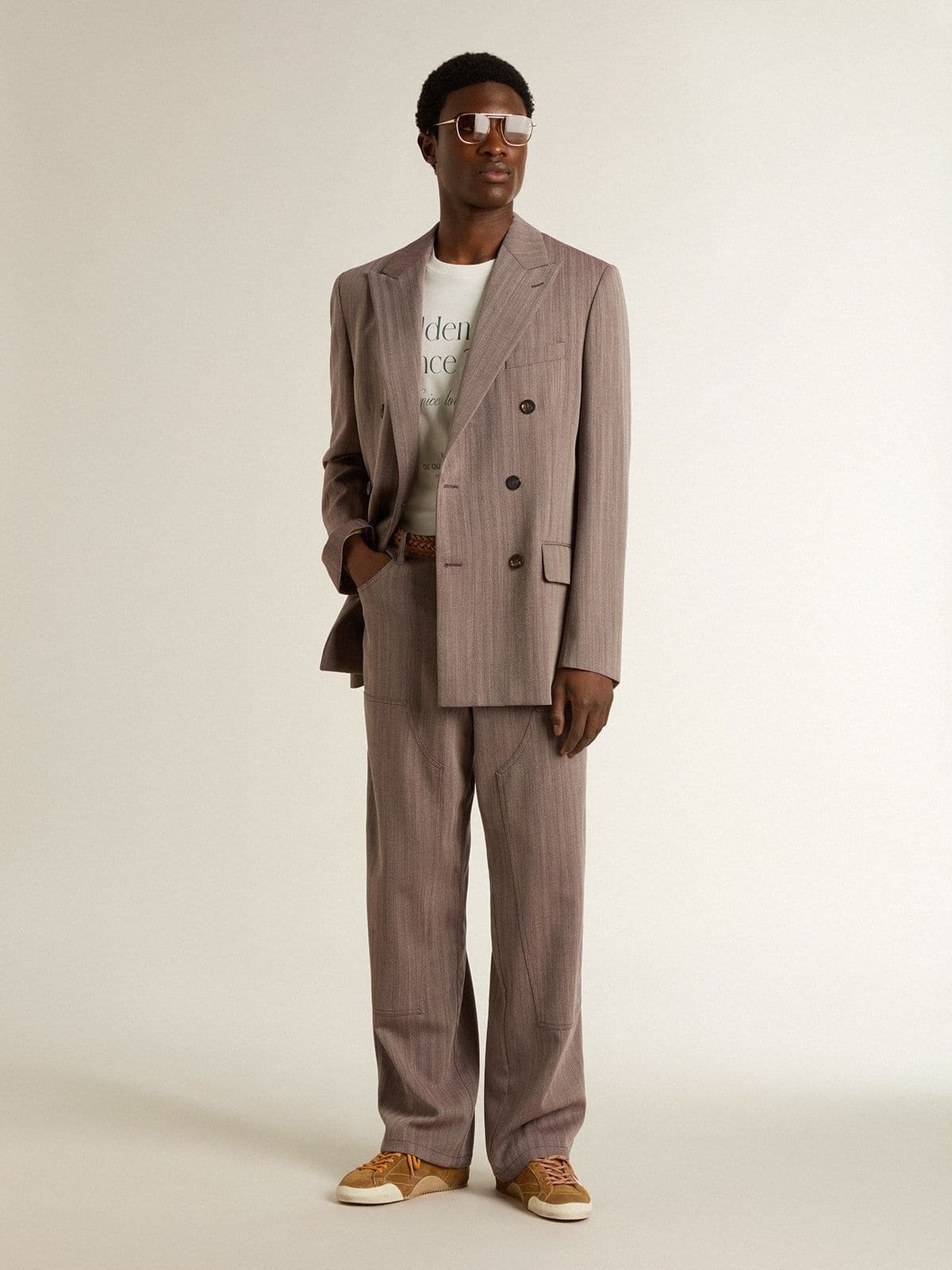 Men's beige chevron wool blend double-breasted blazer - 3