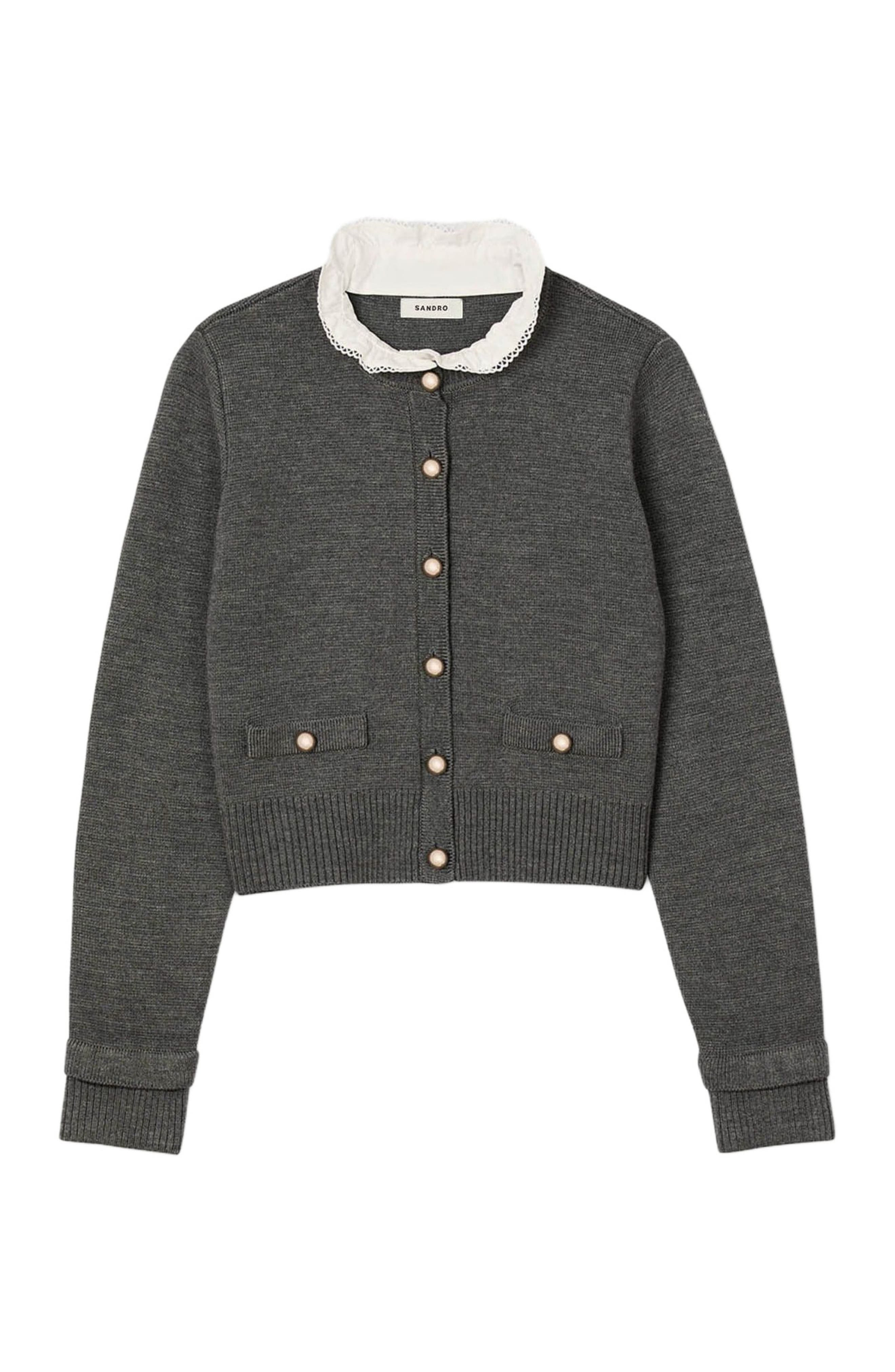 SANDRO Cardigan with detachable ruffle collar in Grey at Nordstrom - 6