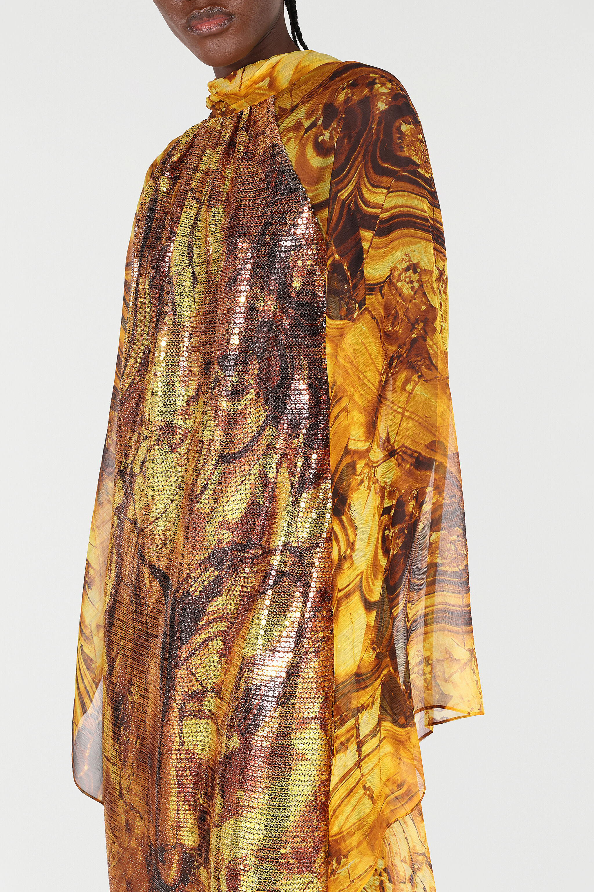 Silk Caftan Dress With Amber Print Sequins - 7