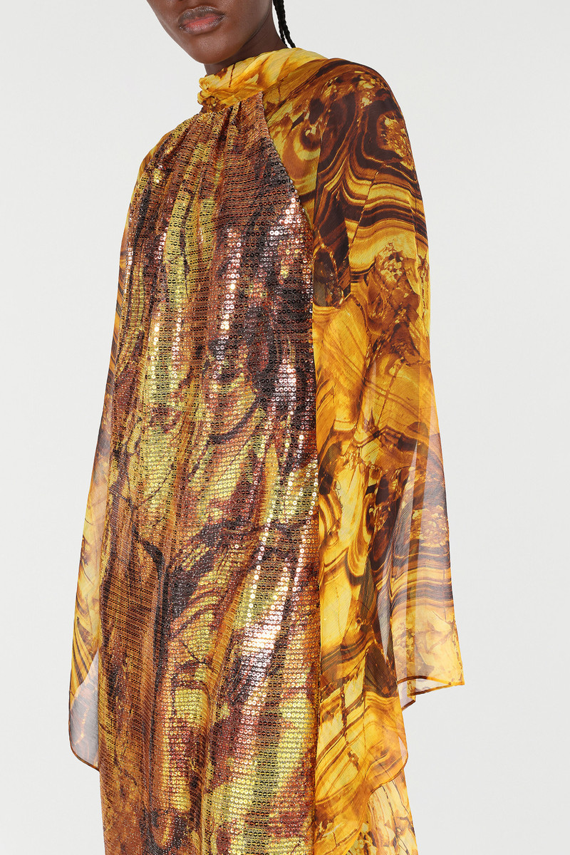 Silk Caftan Dress With Amber Print Sequins 7