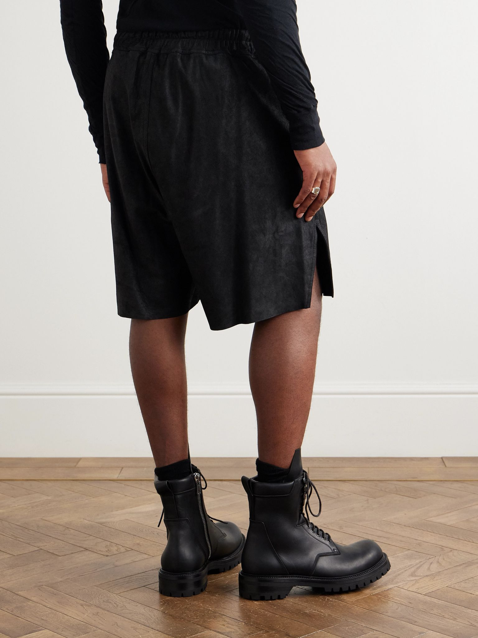 Straight-Leg Leather Drawstring Shorts Black - 4