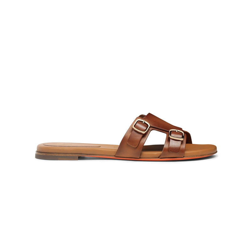 Women's brown leather double-buckle Didi slide sandal - 1