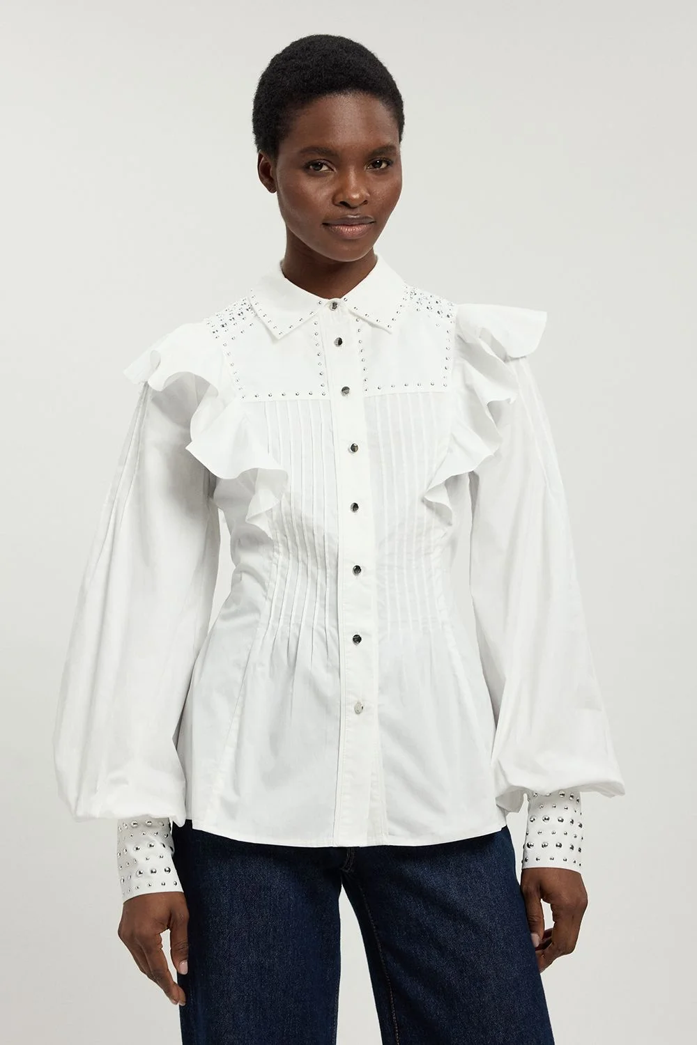 Cotton Sateen Drama Sleeve Studded Woven Maxi Shirt - 1