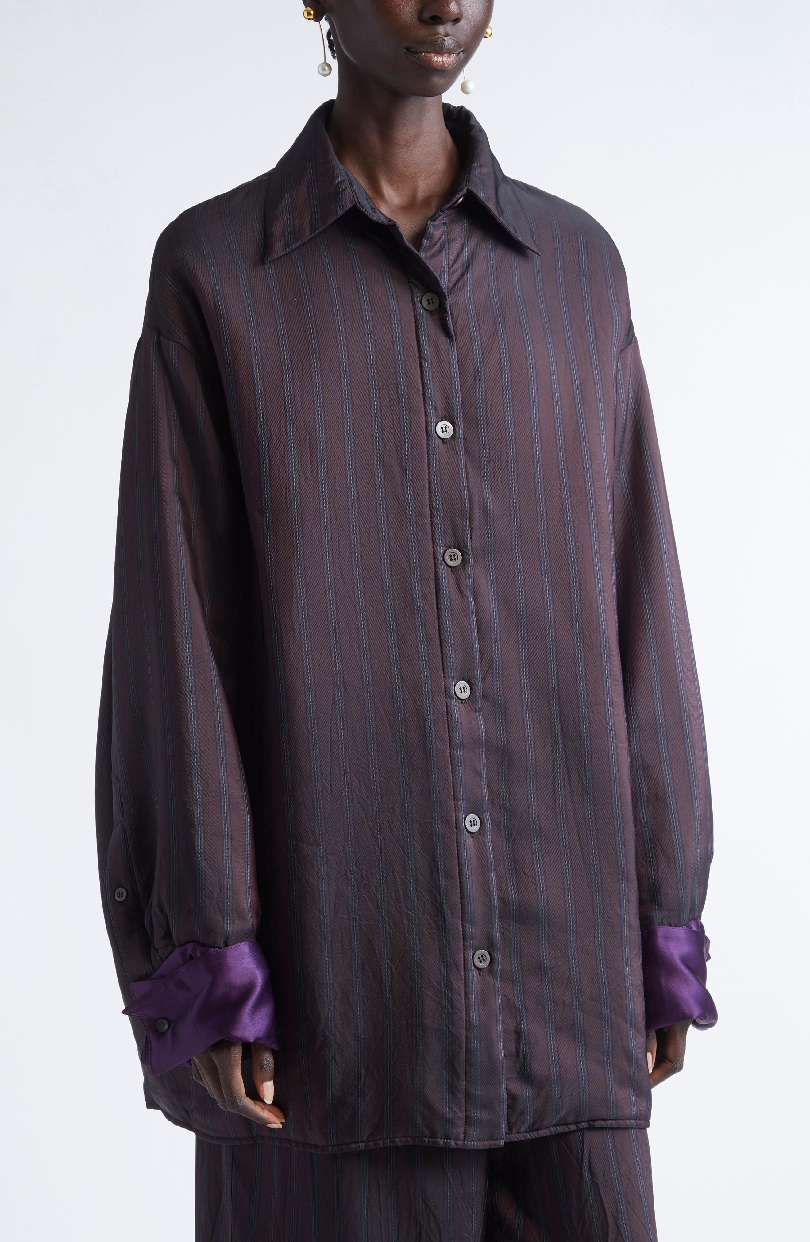 Dries Van Noten Cartan Oversize Padded Stripe Button-Up Shirt with Detachable Cuffs in Burgundy at N - 5